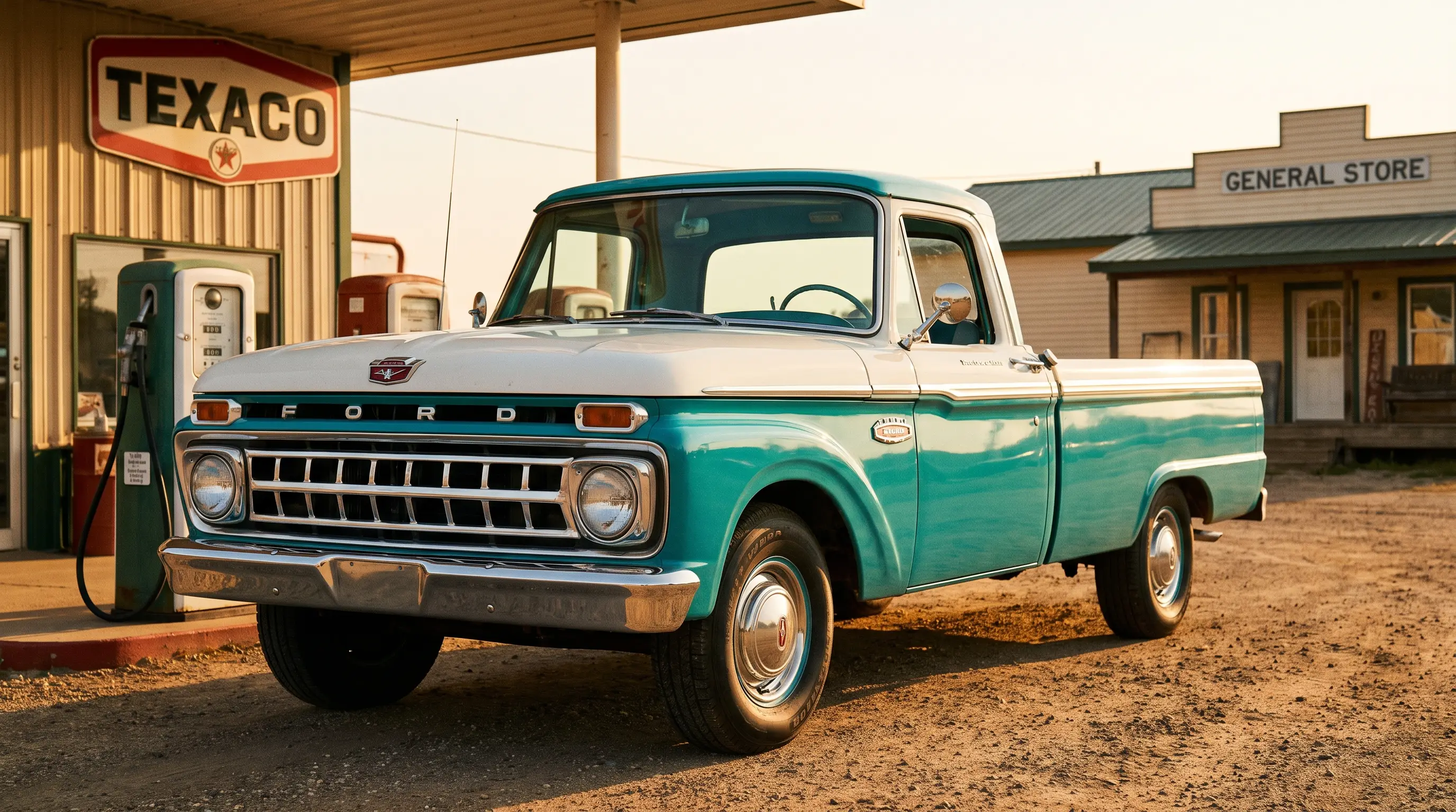Mid 1960s Ford F-100 Ranger trim pickup truck at a rural filling station