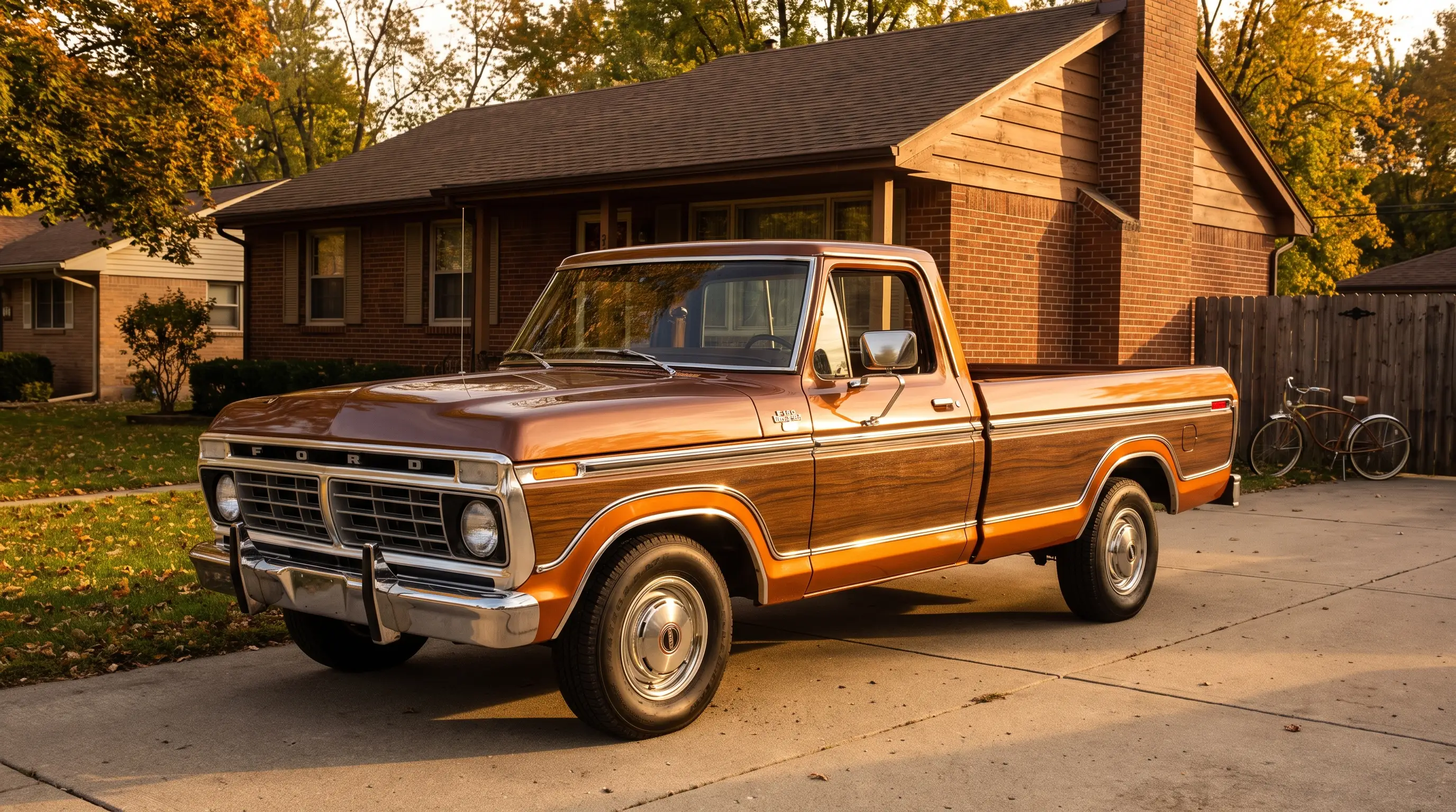 Ford F-100 Ranger XLT pickup with woodgrain trim at golden hour