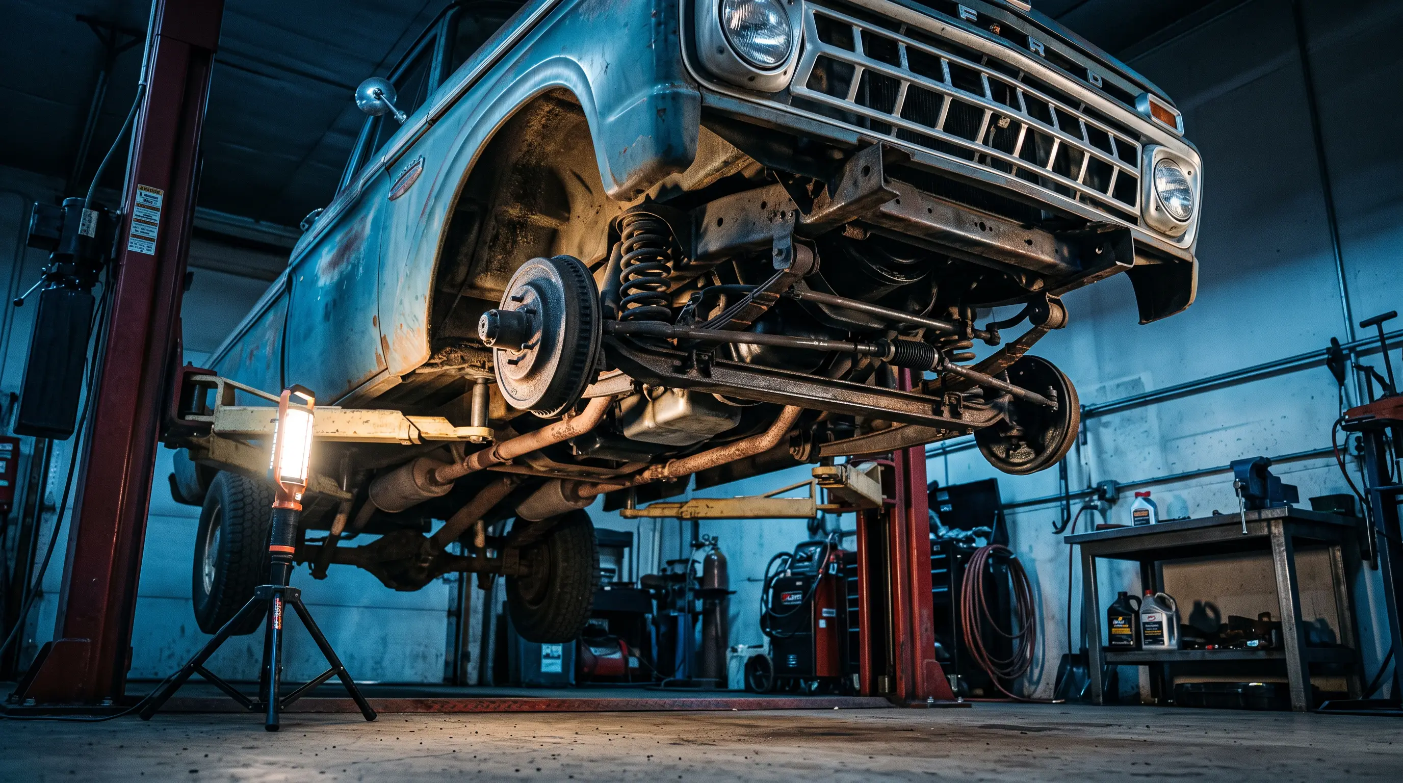 1965 Ford F100 truck on a lift showing its Twin I Beam front suspension underneath