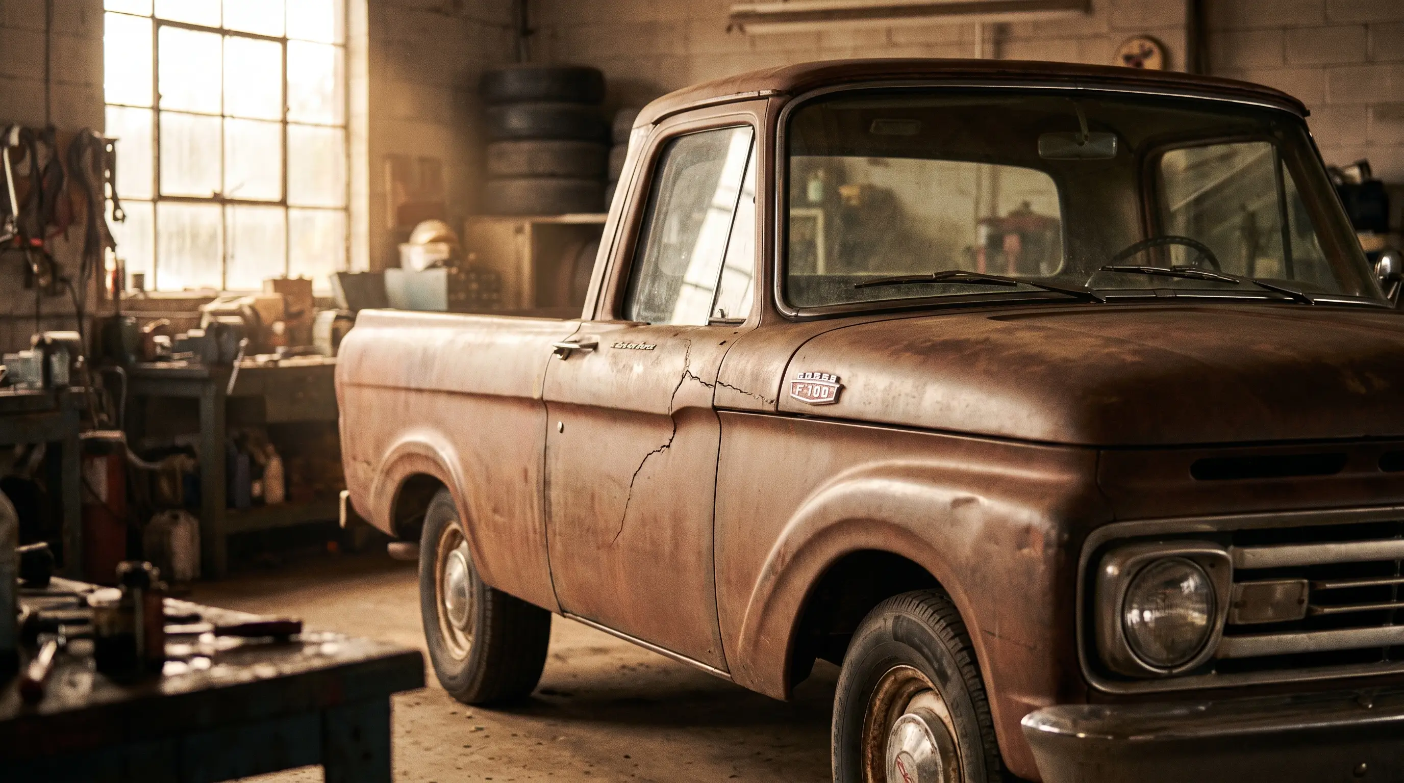 1962 Ford F100 unibody truck with a cracked seam where cab meets bed in a dusty garage