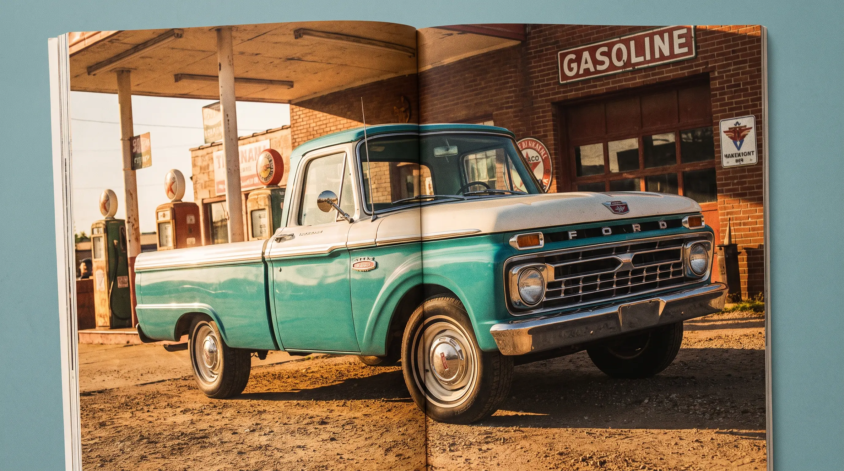 Turquoise and white 1960s Ford F 100 truck at a retro filling station
