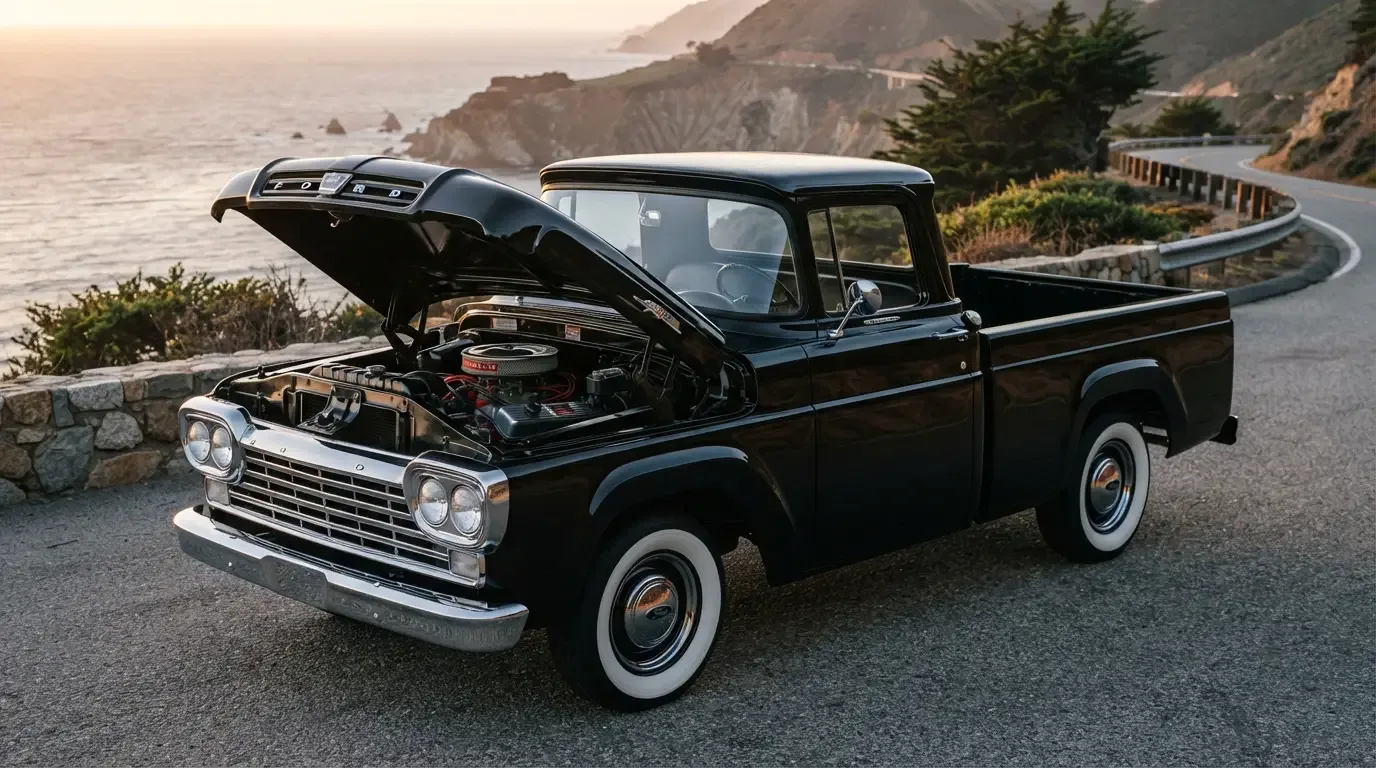 Late-1950s Ford F-100 pickup with Y-block V8 engine, three-quarter front view