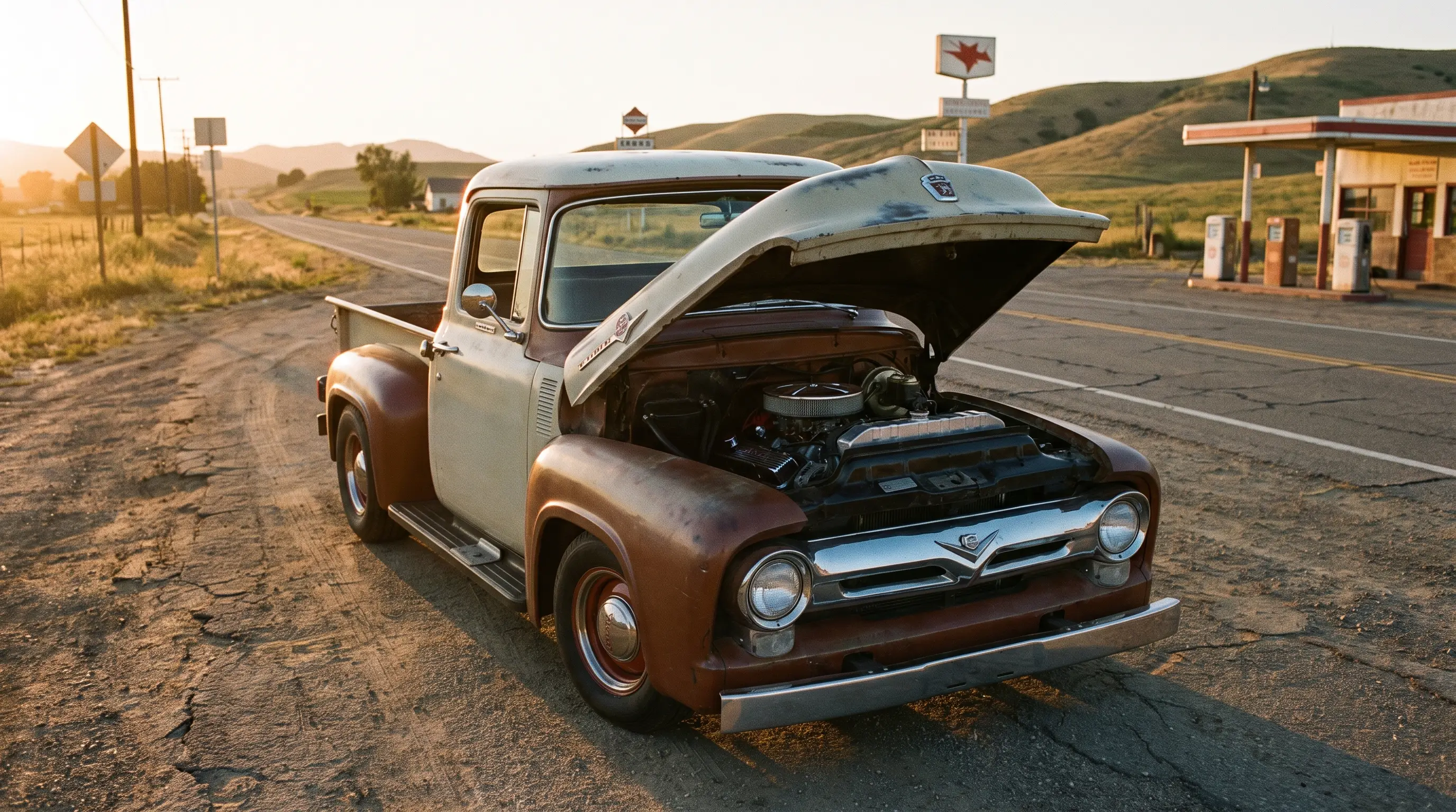 Classic Ford F-100 with Y block V8 engine bay open on a rural highway