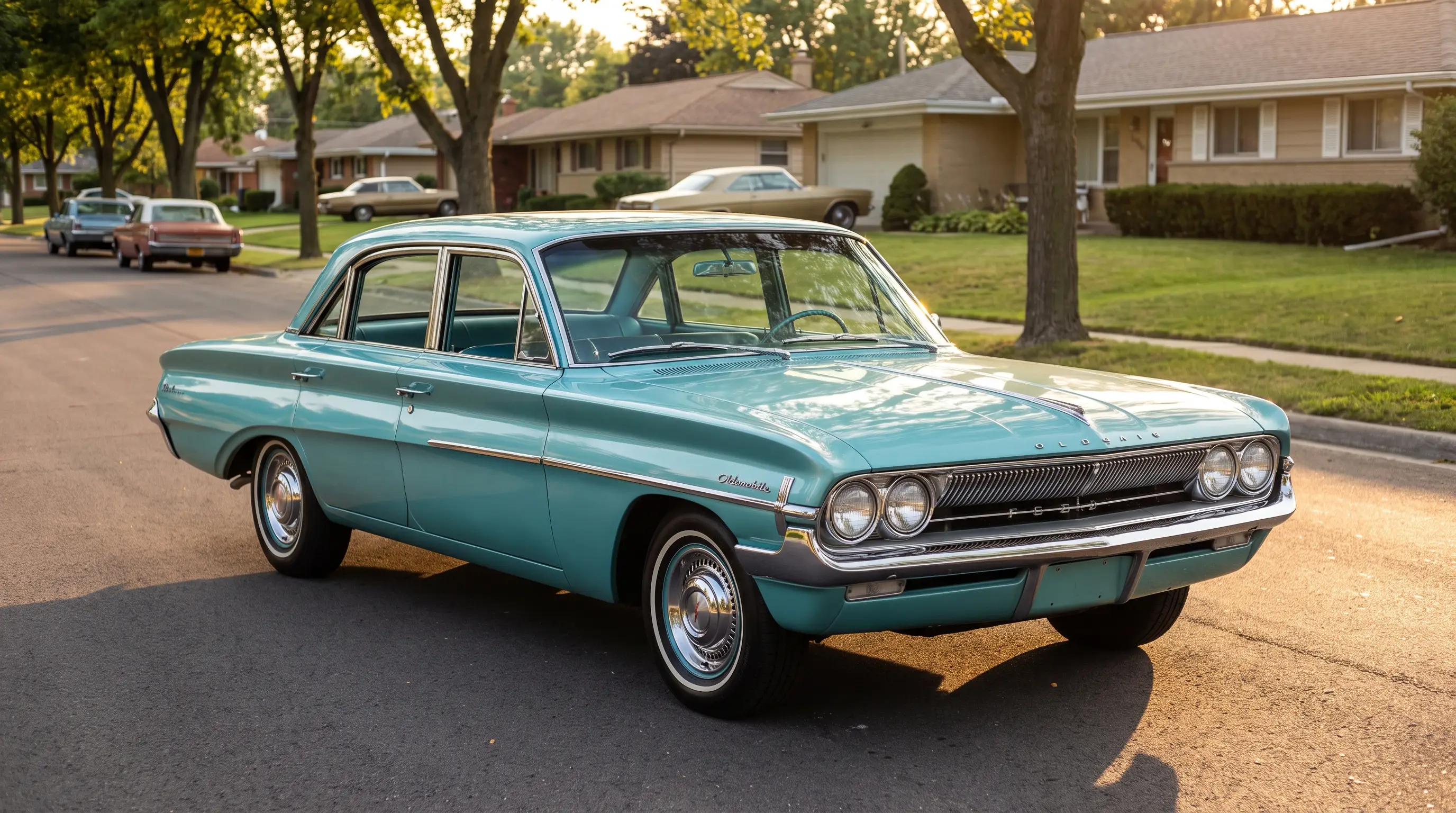 1961 Oldsmobile F-85 compact in light turquoise on a suburban street at golden hour