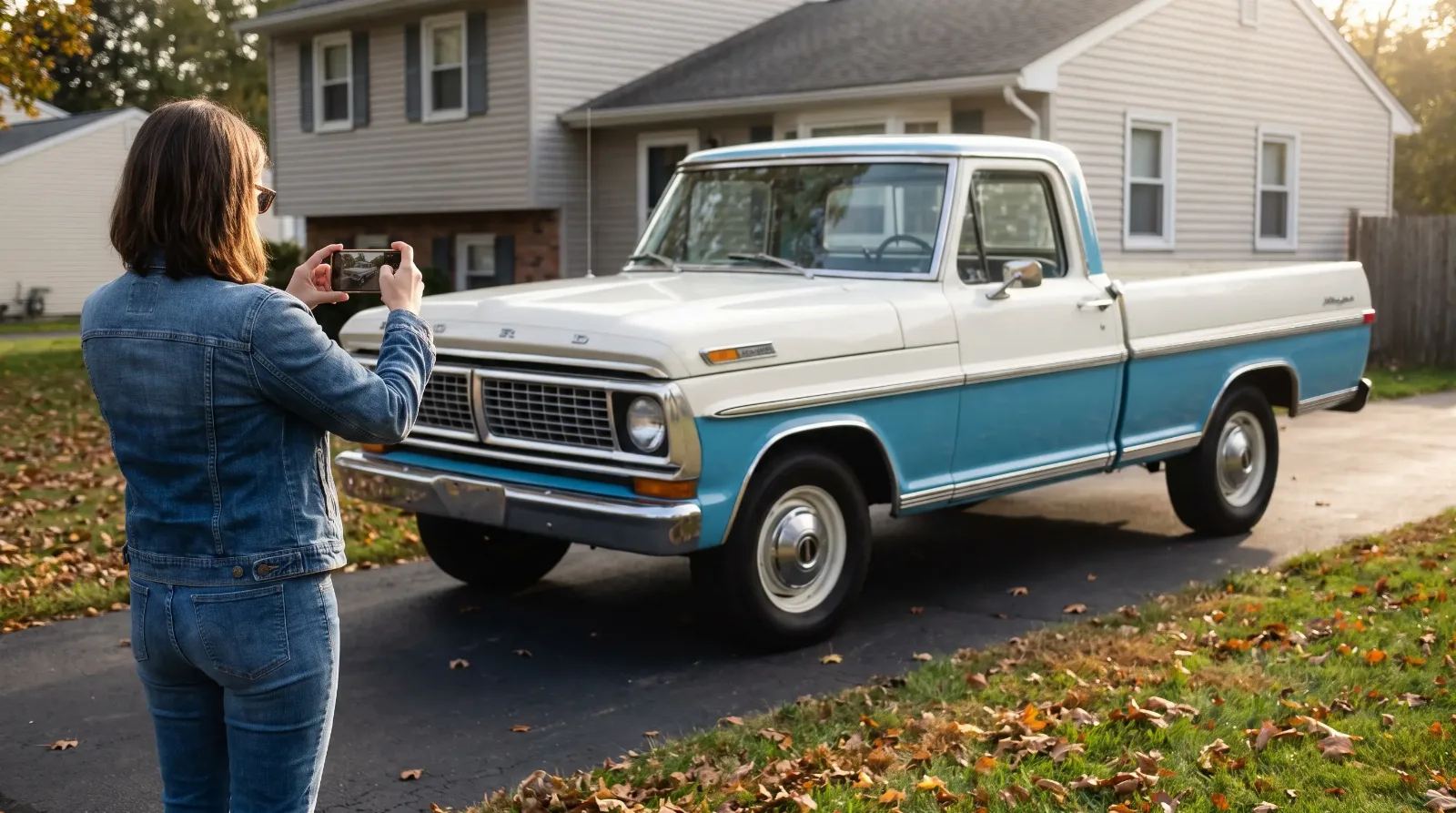 Woman photographing a two-tone 1972 Ford F-100 pickup in her autumn driveway