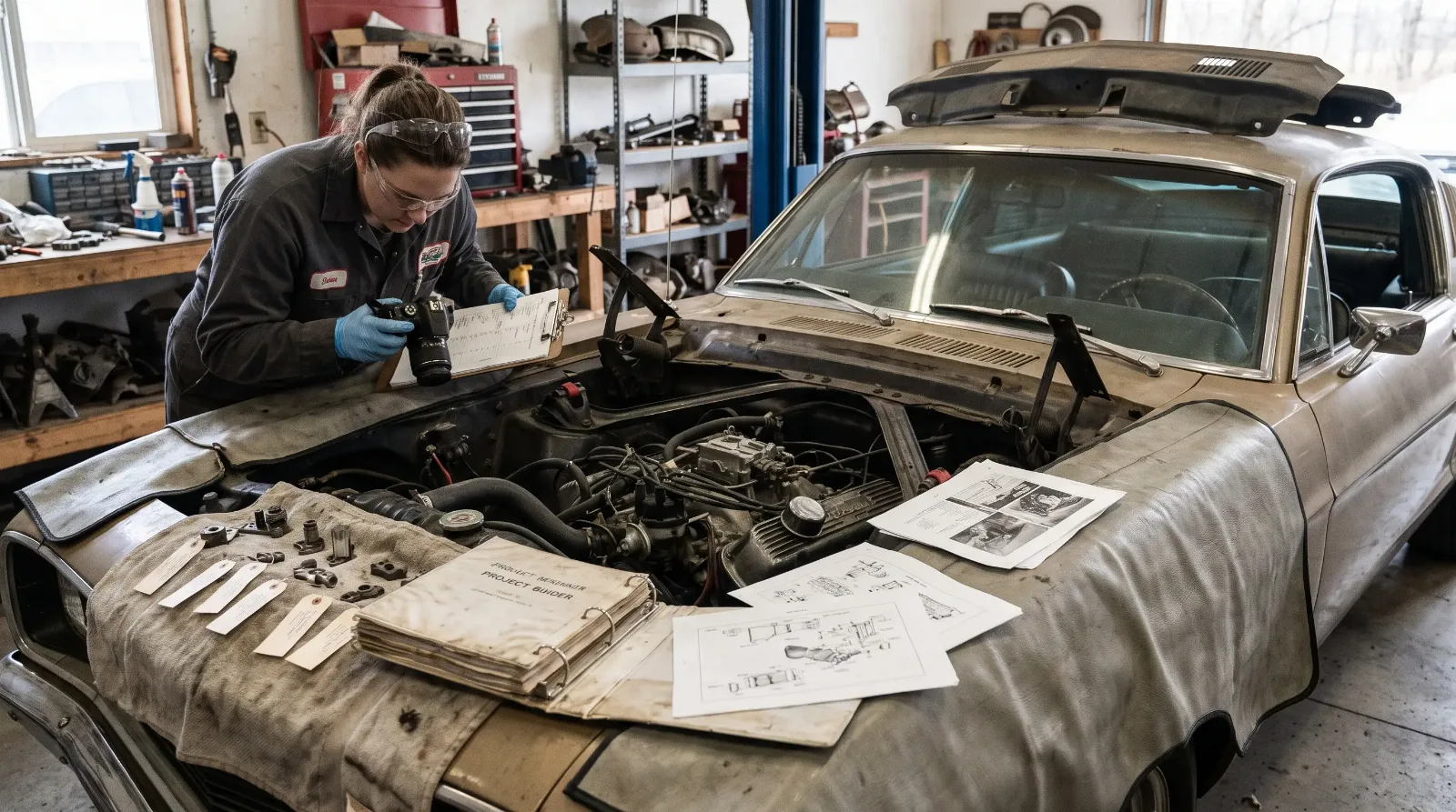 Restorer photographing and labeling parts in a disassembled muscle car engine bay with a project binder nearby