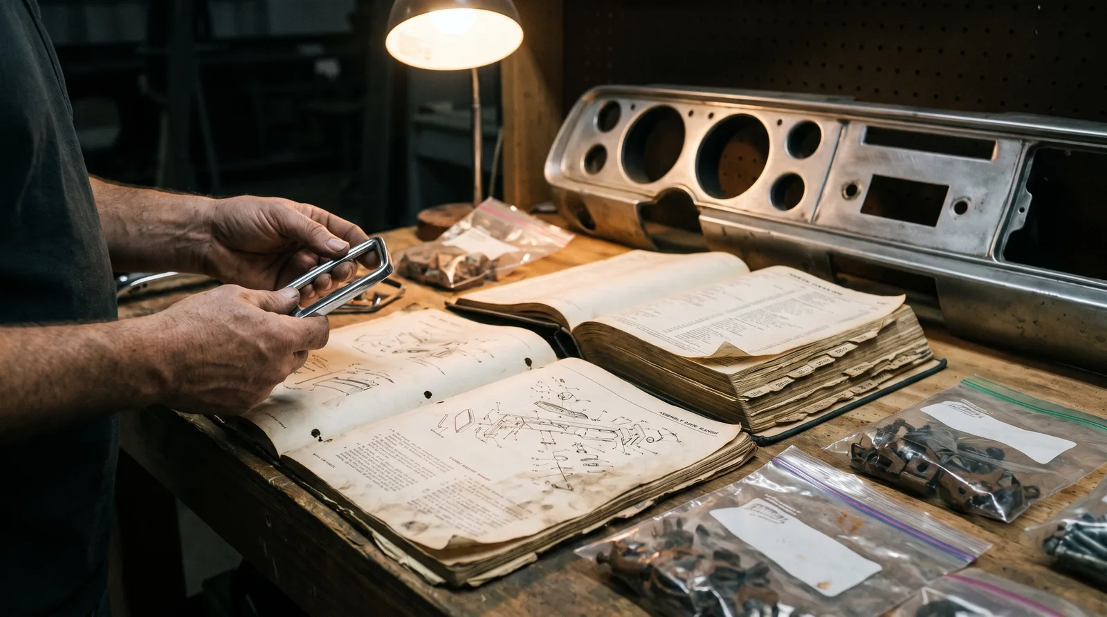 Factory assembly manual and parts catalog, restorer's workbench under a lamp