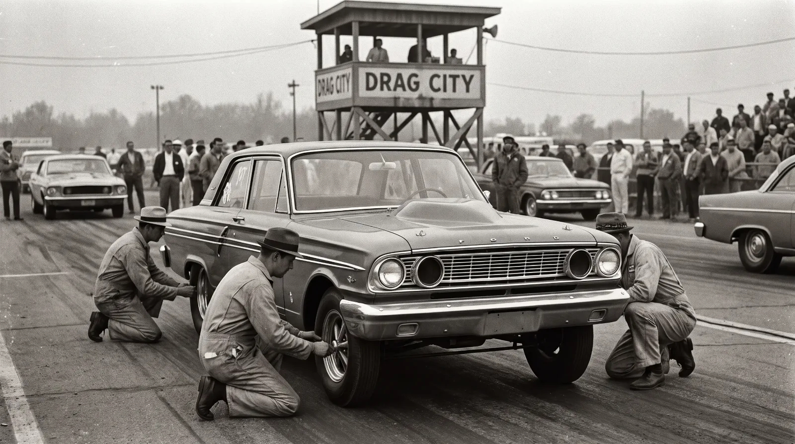 1964 Ford Fairlane Thunderbolt factory lightweight drag car staged in the strip staging lanes