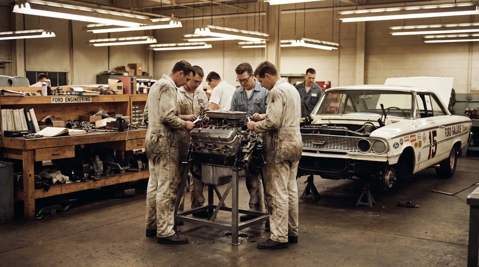 Mechanics assembling a Ford 427 V8 beside a lightweight Galaxie race car in a 1960s factory racing shop