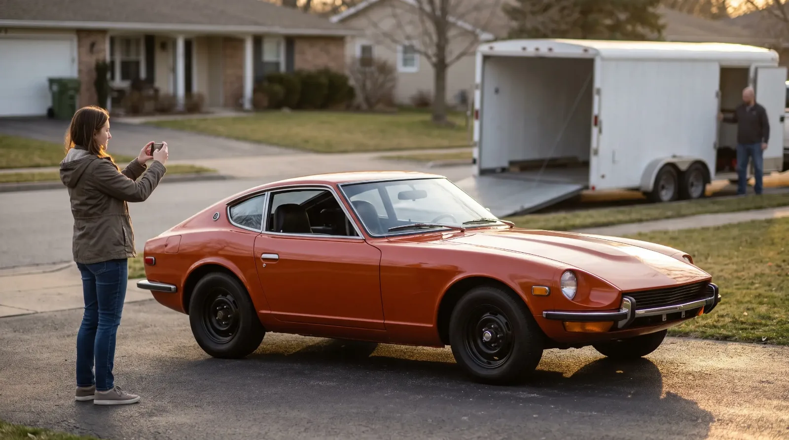Seller photographs her orange 1972 Datsun 240Z before it is loaded onto an enclosed trailer