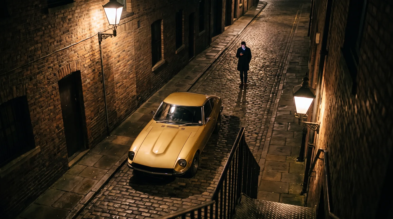 1972 Datsun 240Z, brick warehouse alley at night