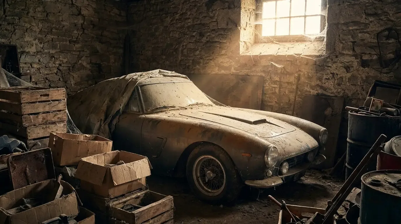 A dust-covered vintage European sports car discovered in a cluttered old garage among stacked crates and junk, lit by a dramatic shaft of light