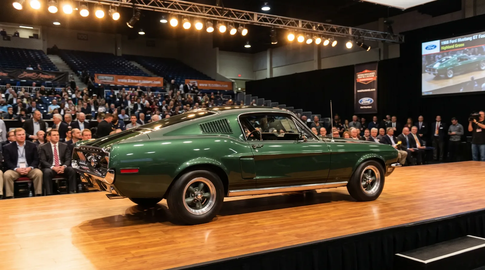Highland Green 1968 Ford Mustang GT fastback on a collector car auction stage under spotlights