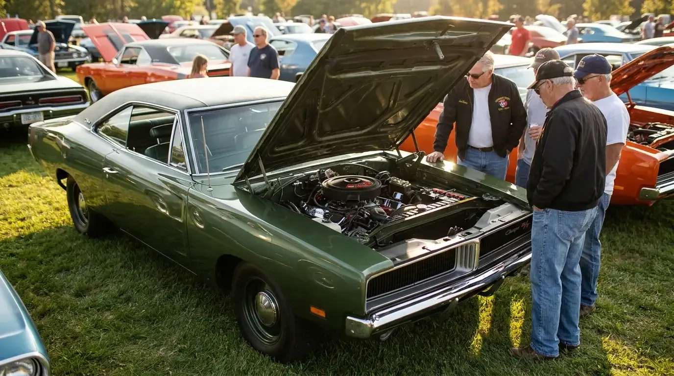 1969 Dodge Charger R/T at a classic-car show surrounded by enthusiasts