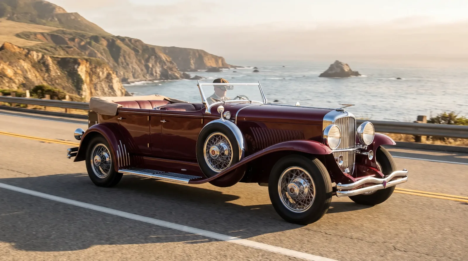 Murphy-bodied Duesenberg phaeton on open road