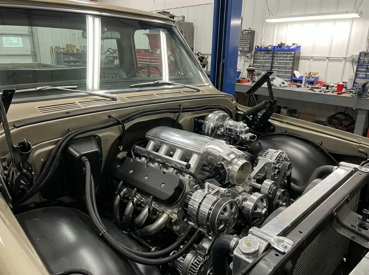 1972 Chevrolet C10 engine bay with modern LS V8 swap