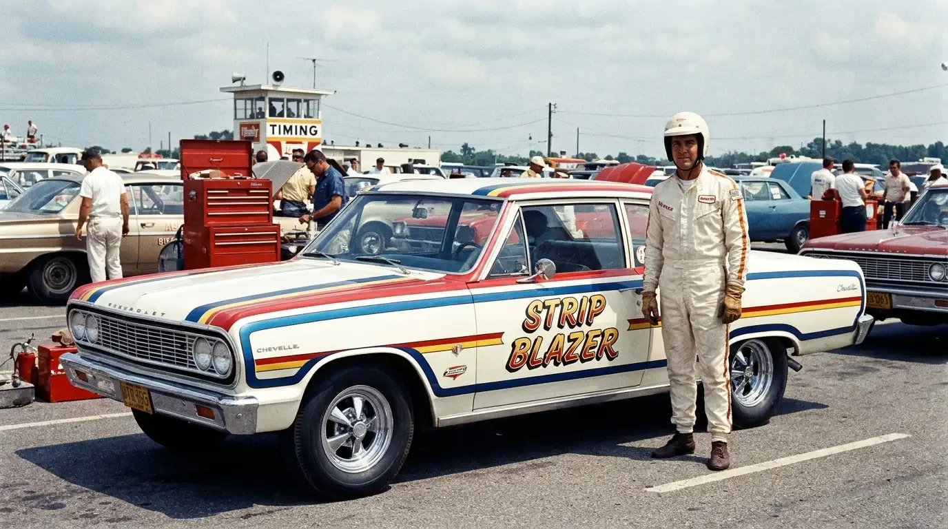 1964 Chevrolet Chevelle match race car in the pits with driver