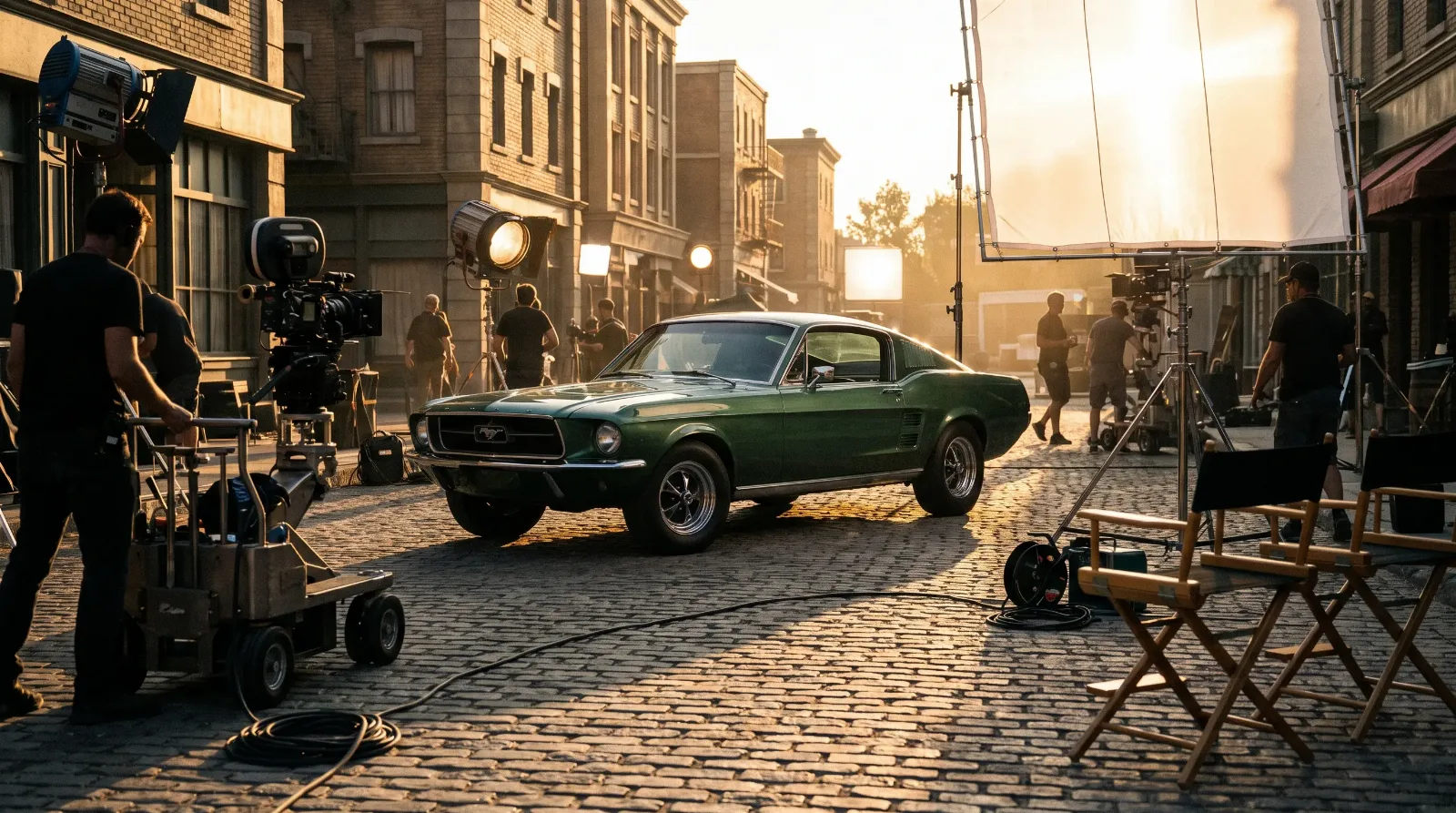 Classic Ford Mustang on a movie back-lot with cameras