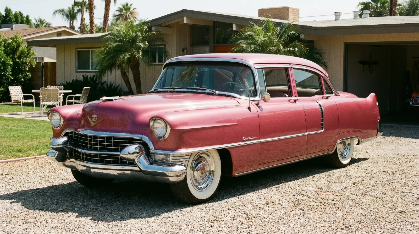 1955 pink Cadillac Fleetwood parked in a driveway