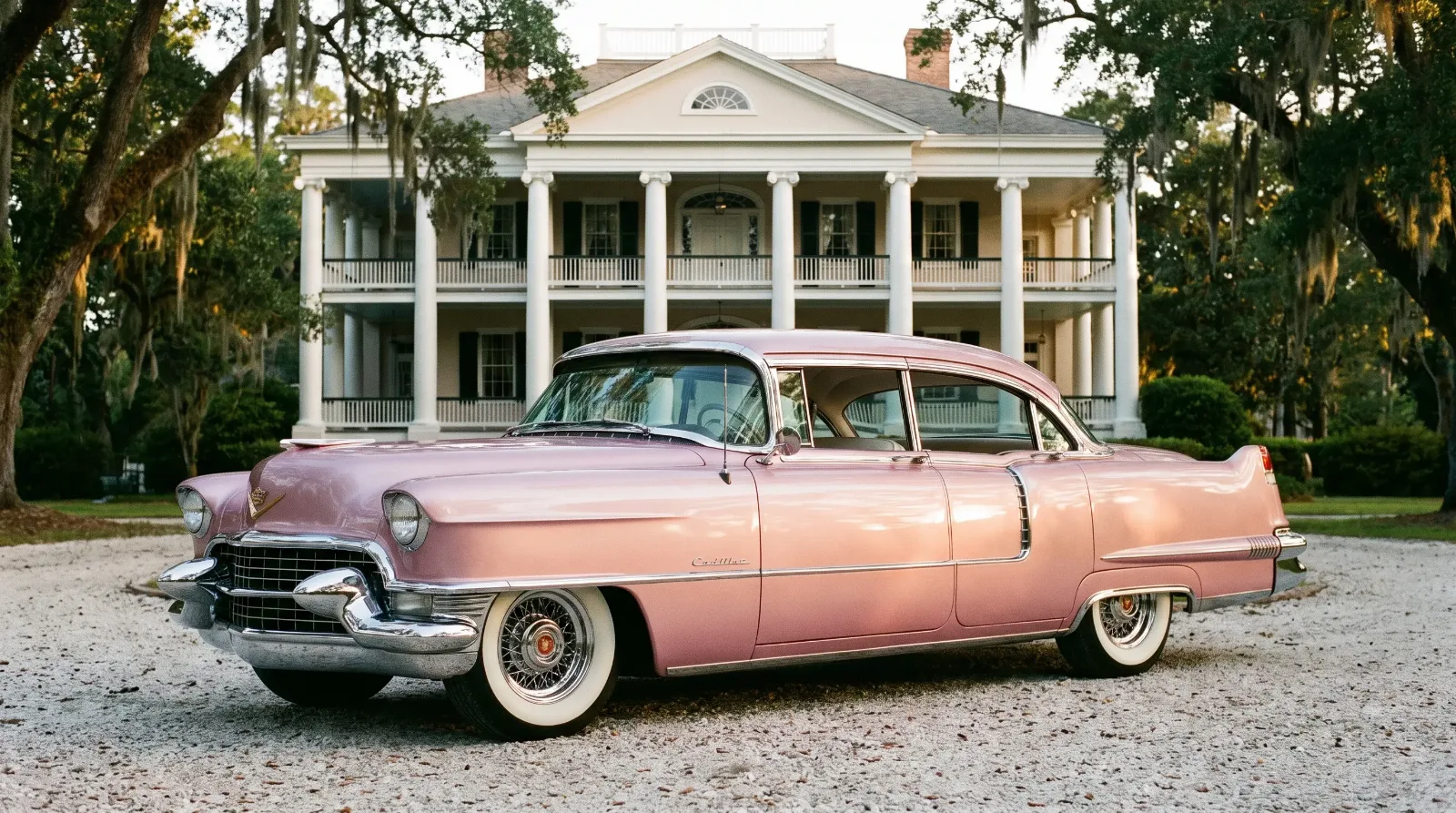 1955 Cadillac Fleetwood in custom pink finish parked before a stately Southern mansion