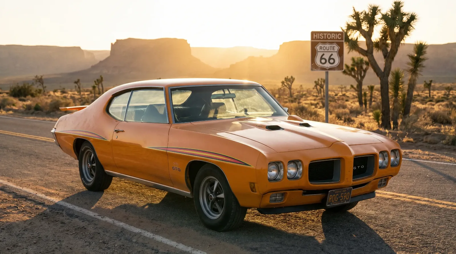1970 orange GTO on desert highway at dusk