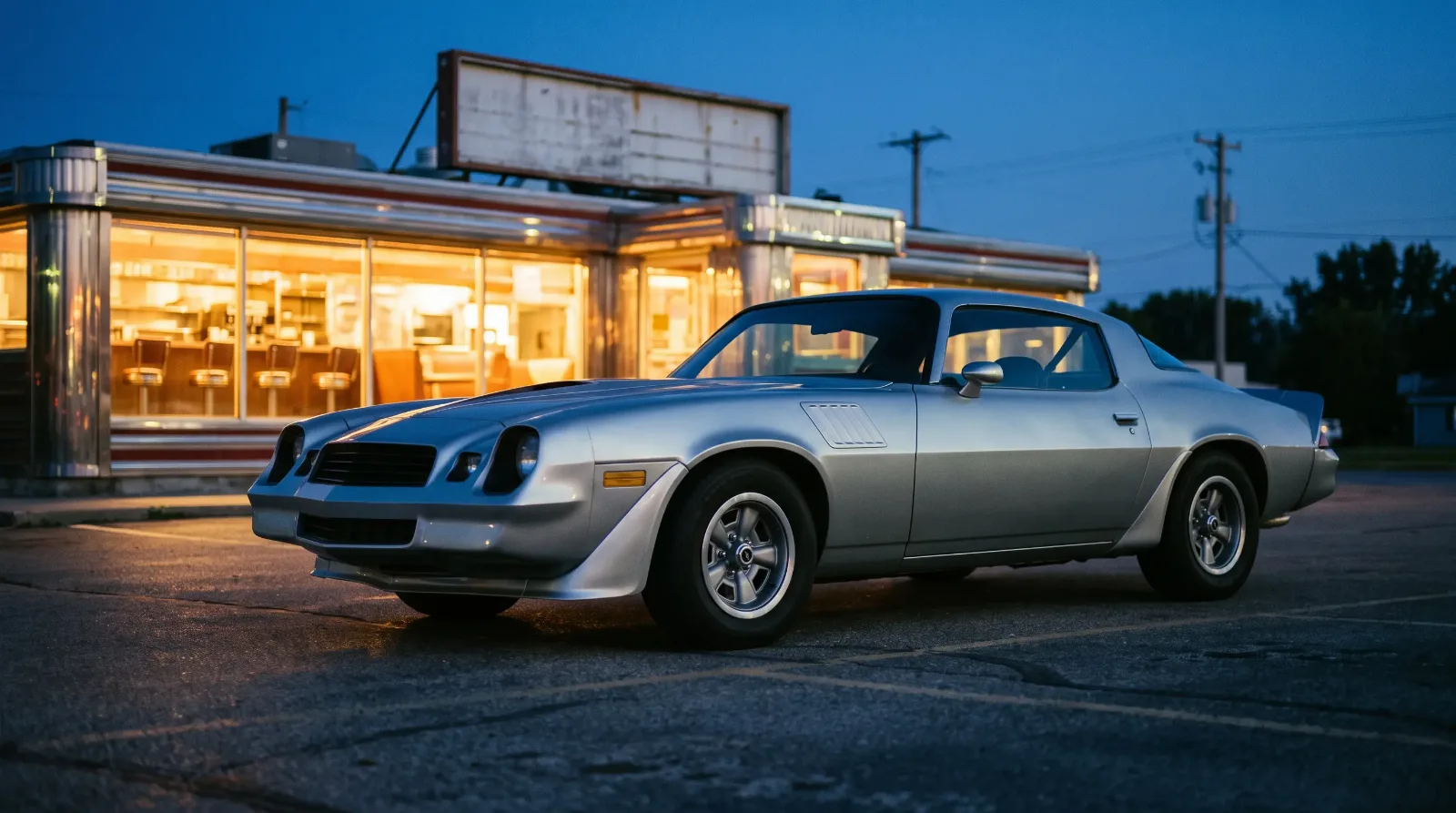 1979 Chevrolet Camaro Z28, parked outside a diner at dusk
