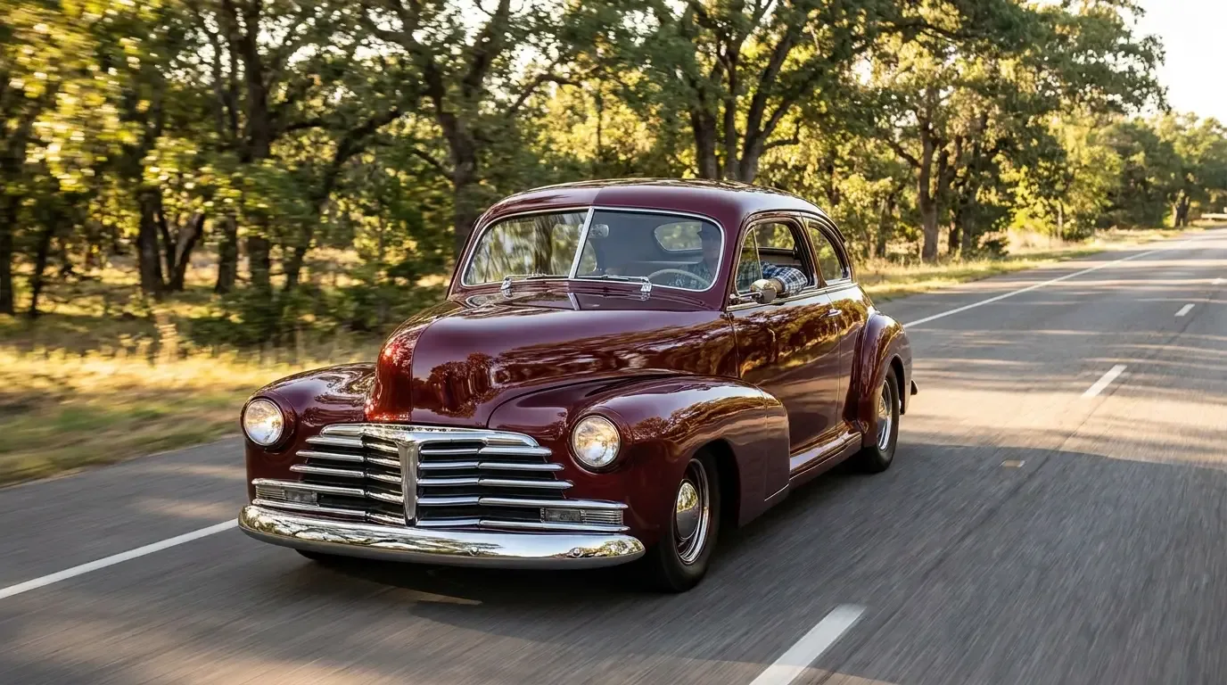 A 1946-1948 fat-fender street rod with full flowing fenders and deep glossy paint cruising a sunlit tree-lined road
