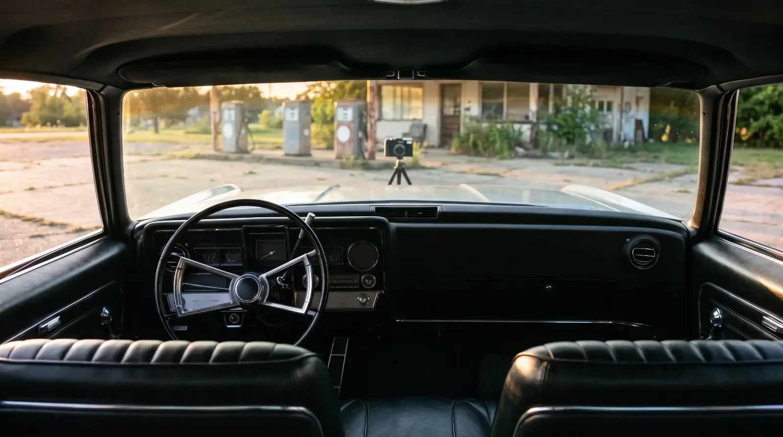 Walkaround camera on a tripod at an old gas station with a 1966 Oldsmobile Toronado