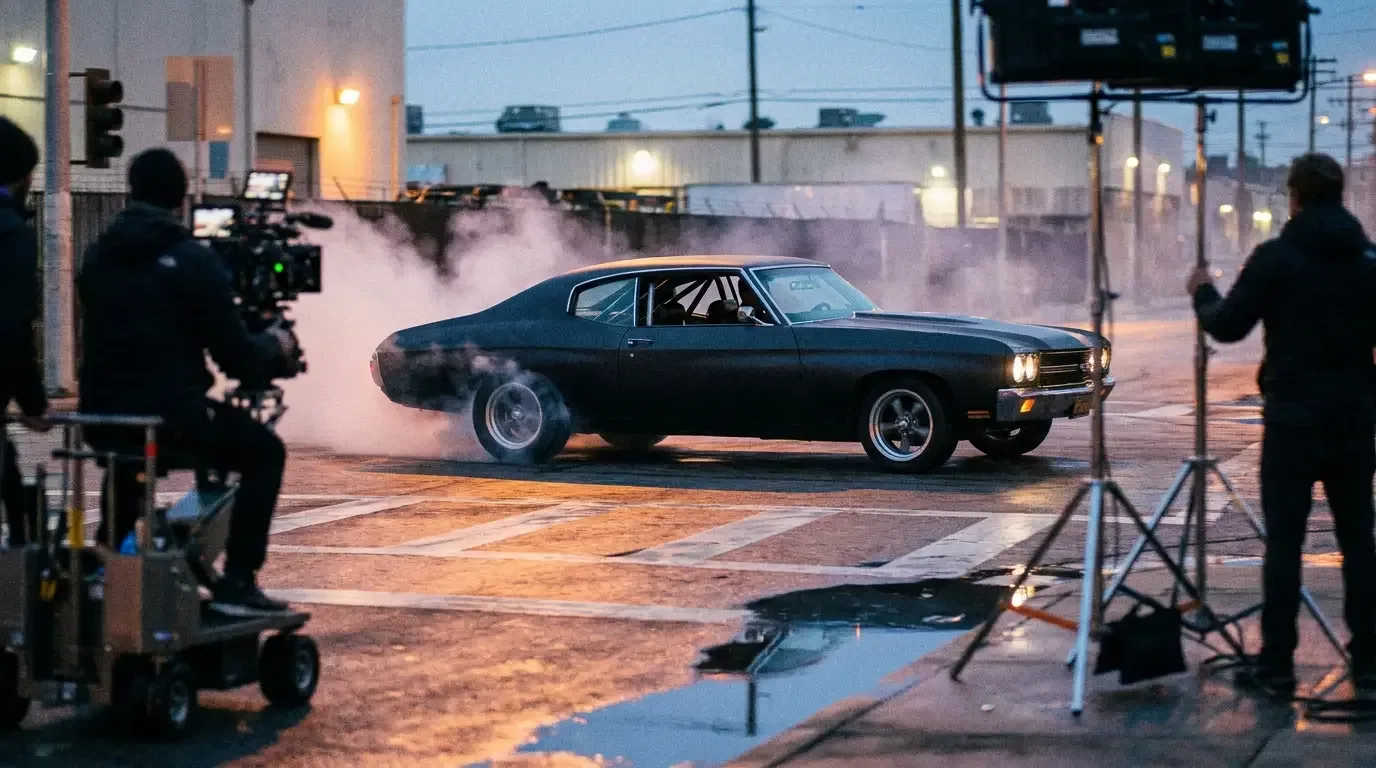 1970 Chevrolet Chevelle SS mid-stunt slide on a film set