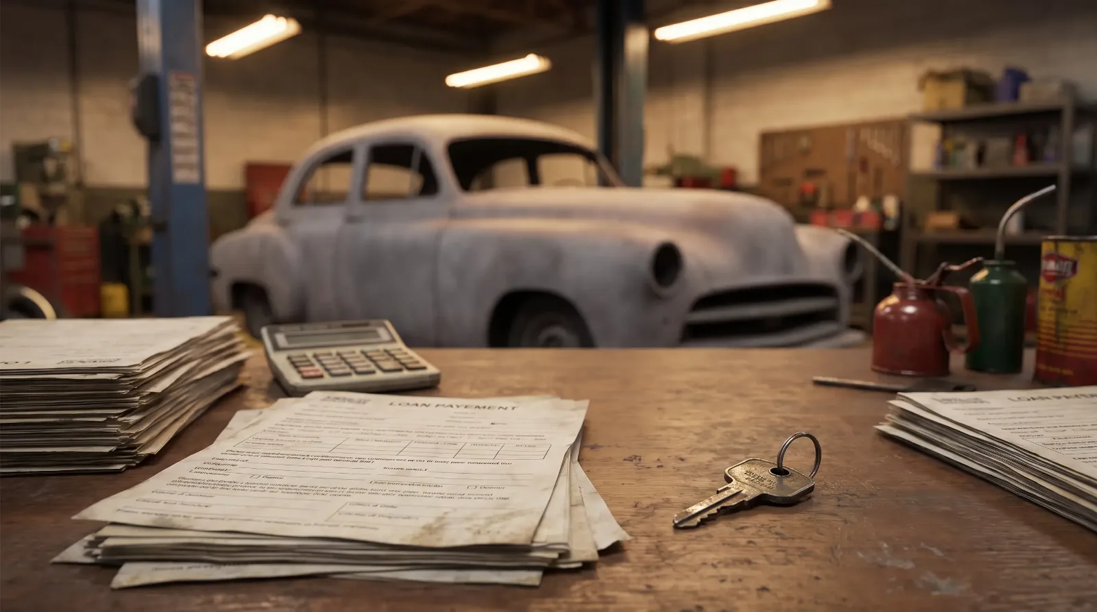 Loan paperwork, calculator and a vintage car key on a garage workbench with a primer-coated 1950s sedan behind