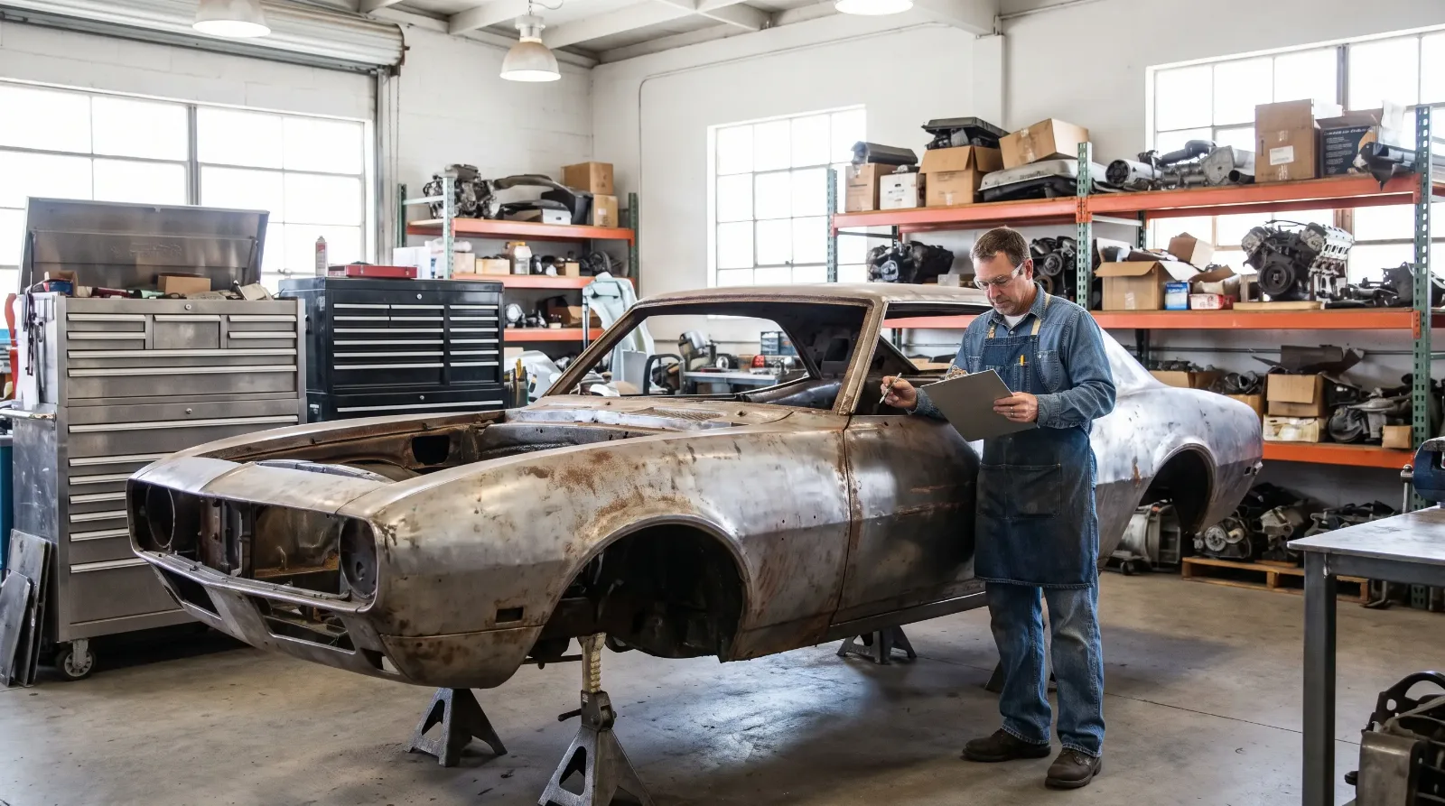 Bare-metal 1960s muscle coupe shell on stands in a restoration shop while a restorer reviews invoices on a clipboard