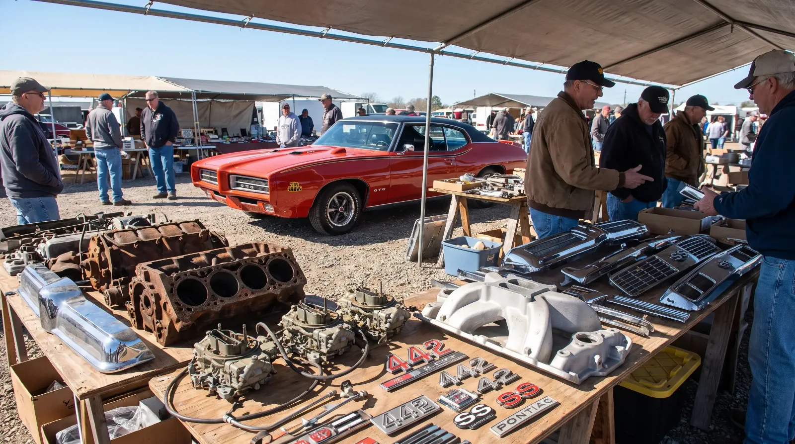 Classic car swap meet tables covered with vintage muscle car parts and a Pontiac GTO behind the stalls