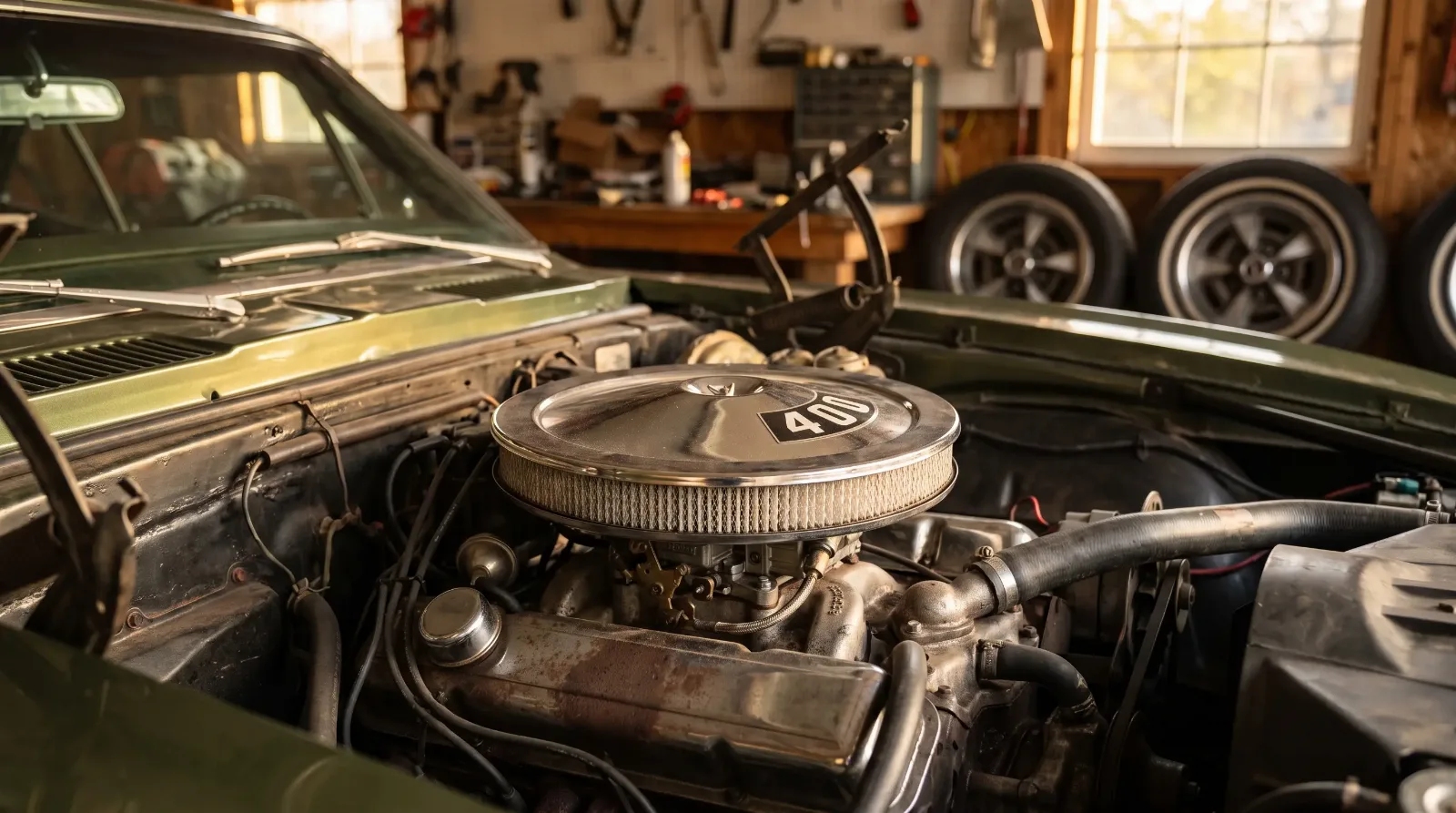 Engine bay detail of a 1967 Pontiac Firebird 400 with chrome air cleaner and dual exhaust manifolds