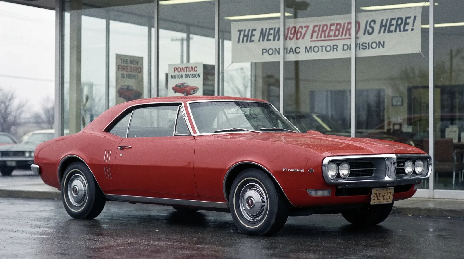 1967 Pontiac Firebird hardtop coupe parked outside a period Pontiac dealership at its debut