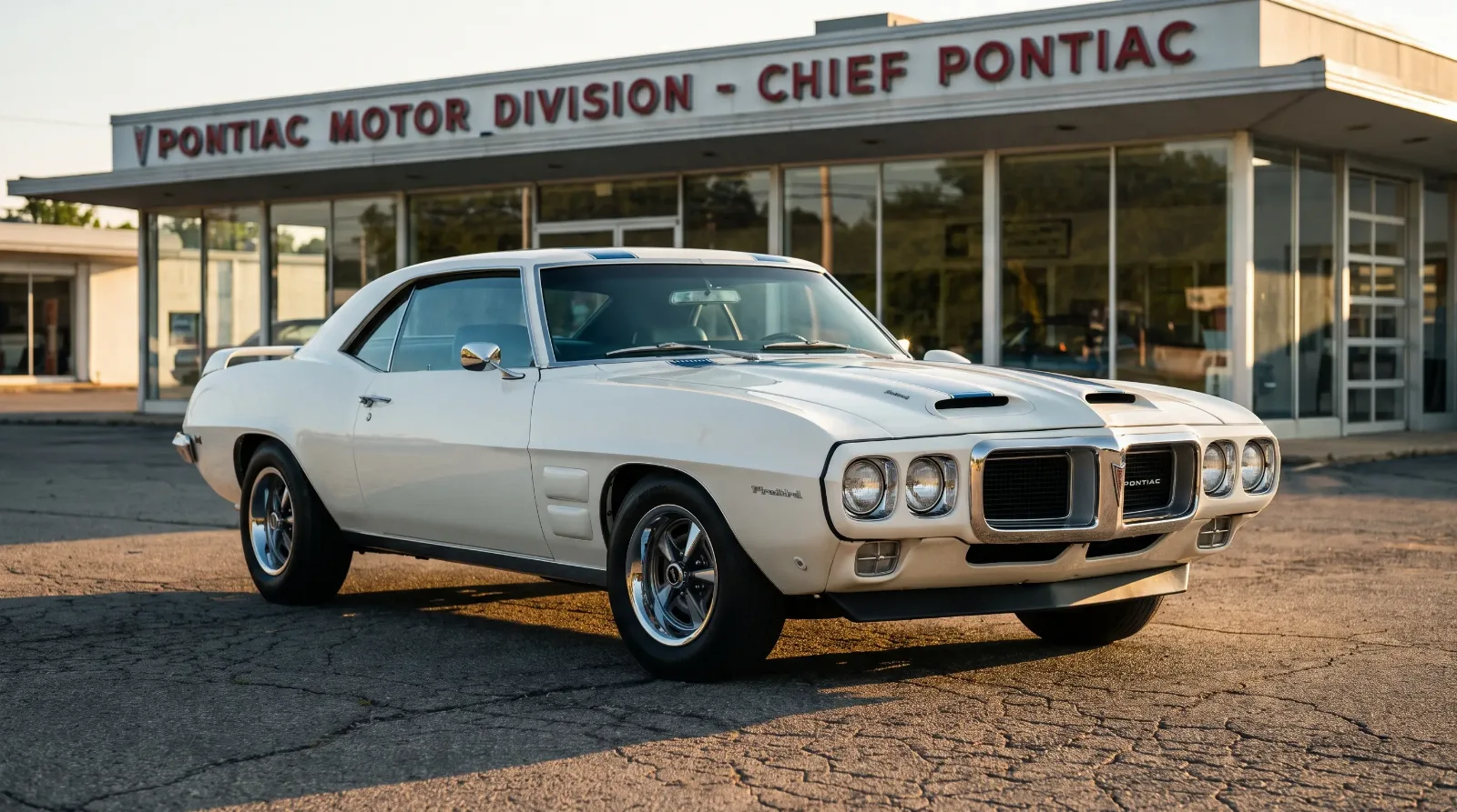 1969 Pontiac Firebird Trans Am in Cameo White with blue stripes parked outside a vintage dealership at golden hour