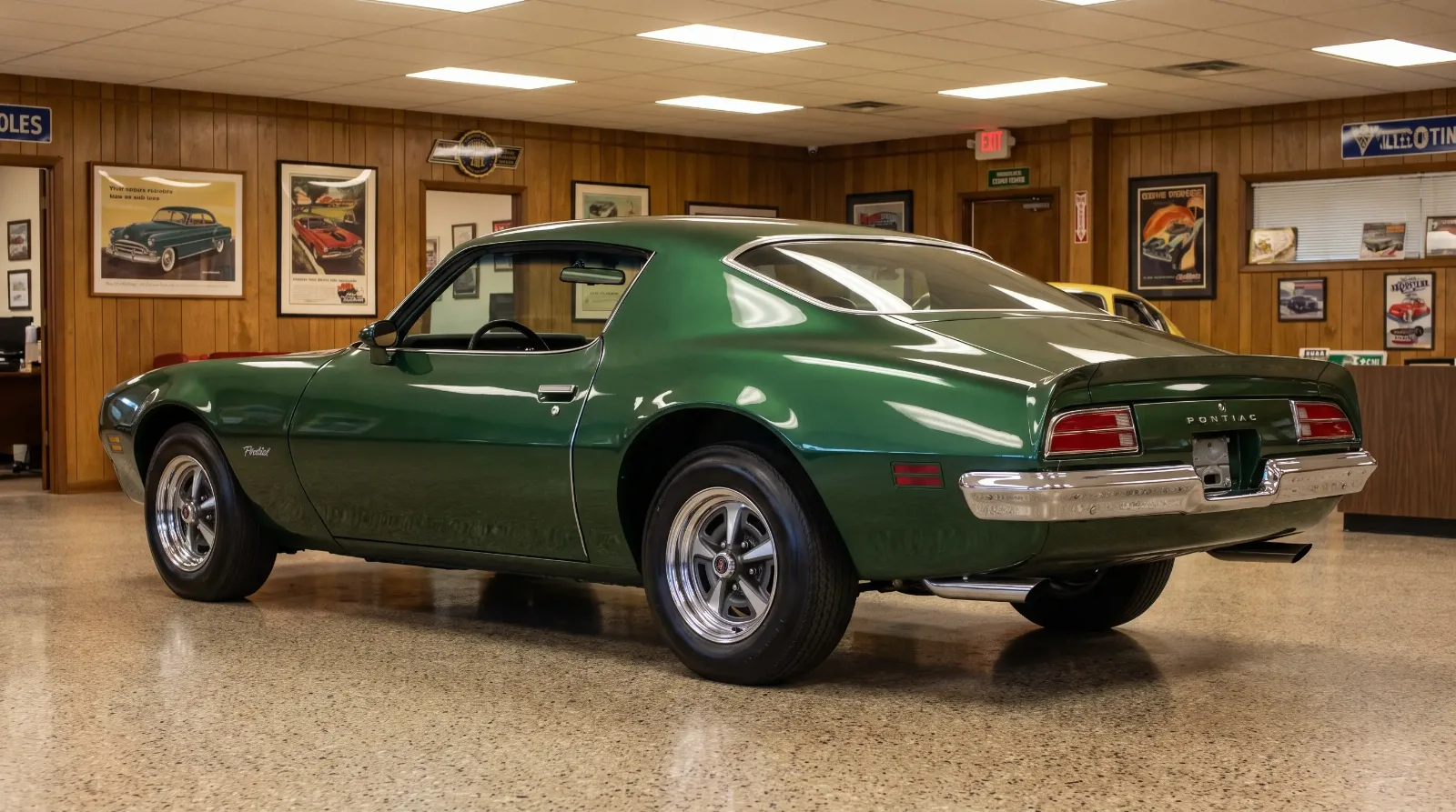 1970 1/2 Pontiac Firebird second-generation with Endura nose and semi-fastback roofline, rear three-quarter showroom view
