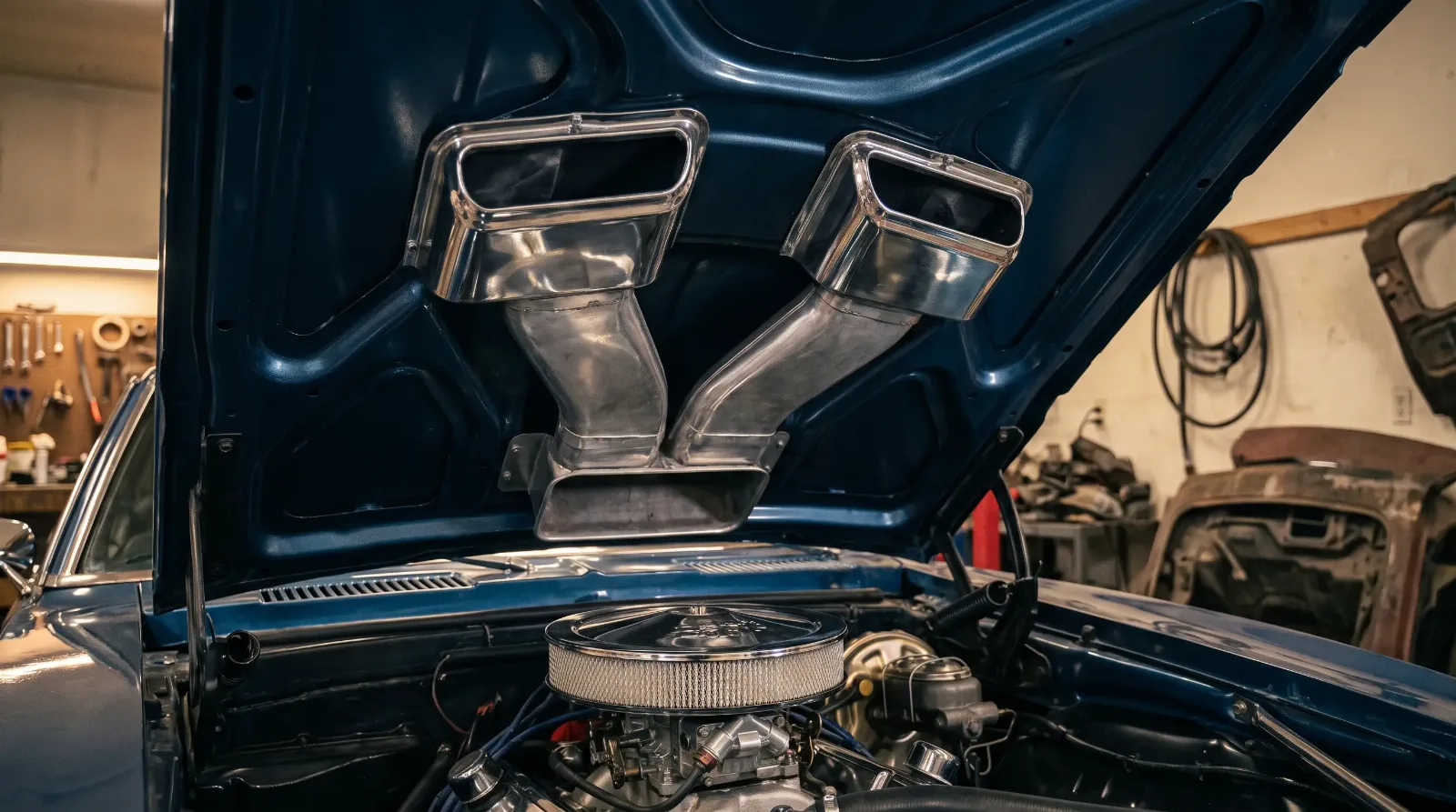 Close-up of a 1968 Pontiac Firebird 400 HO functional Ram Air hood scoop and induction hardware