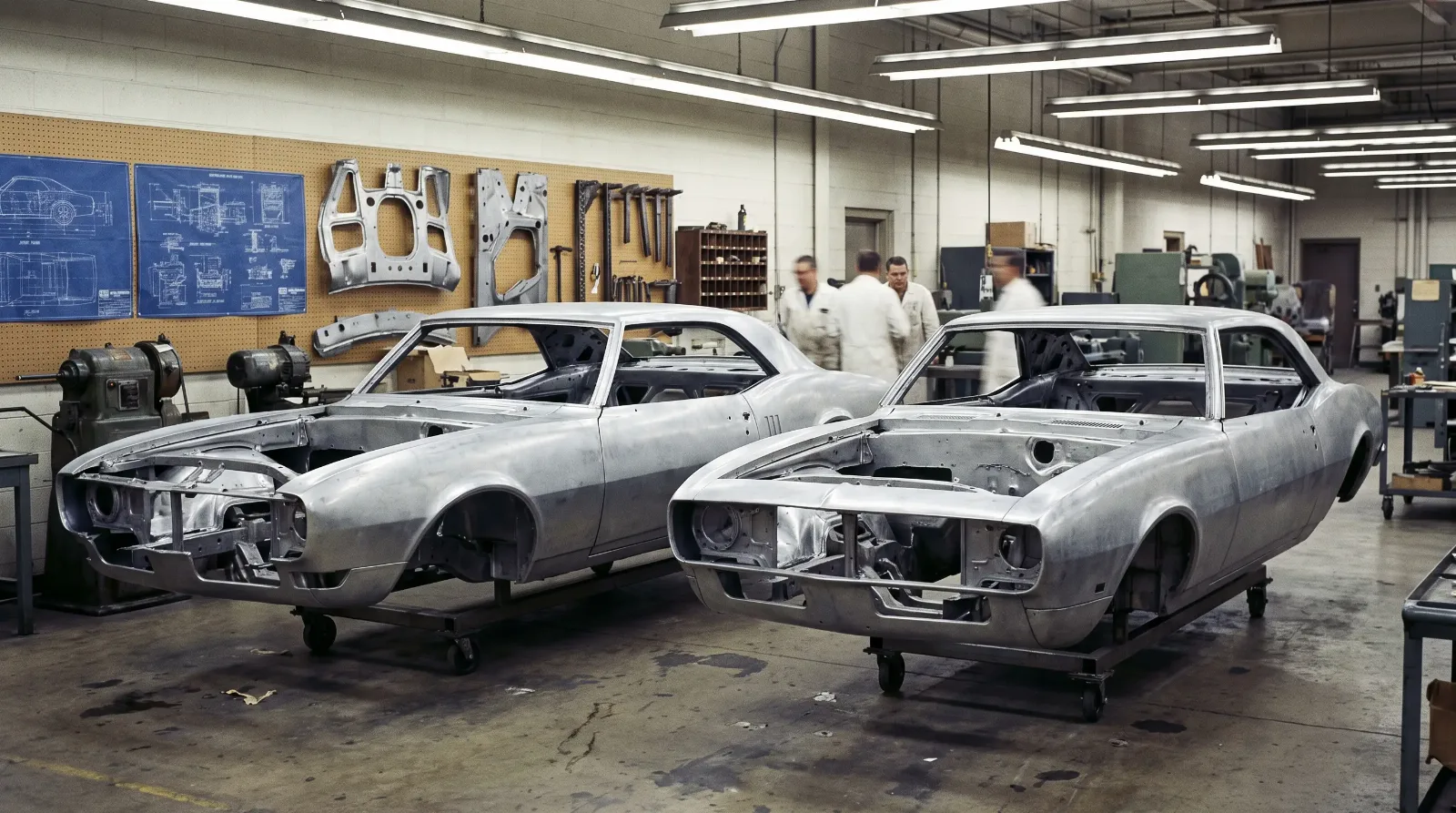Unpainted 1967 Pontiac Firebird and Chevrolet Camaro body shells side by side in a GM engineering shop showing shared cowl and distinct front ends