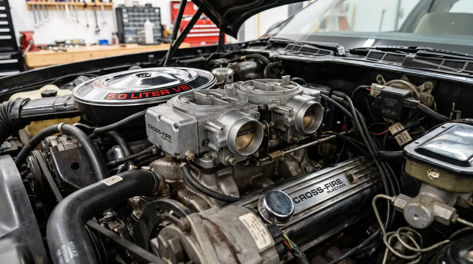 Close-up of a 1982 Pontiac Firebird Trans Am's twin throttle-body Cross-Fire Injection setup