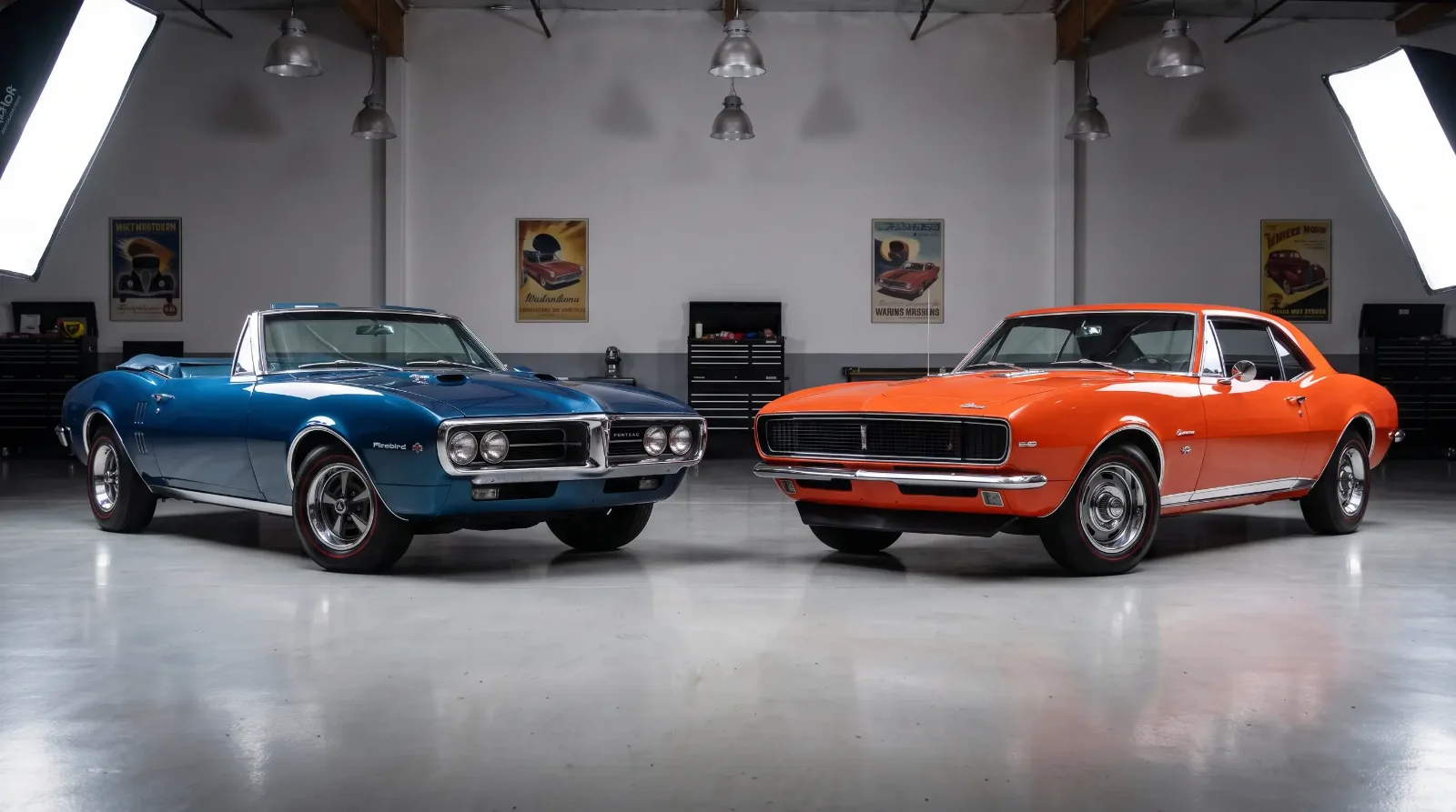 A 1967 Pontiac Firebird and 1967 Chevrolet Camaro parked nose to nose, showing shared body lines and distinct front styling