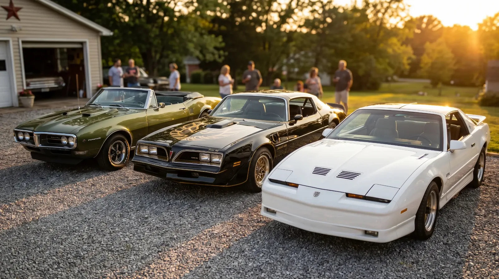 First, second, and third-generation Pontiac Firebirds parked together at golden hour