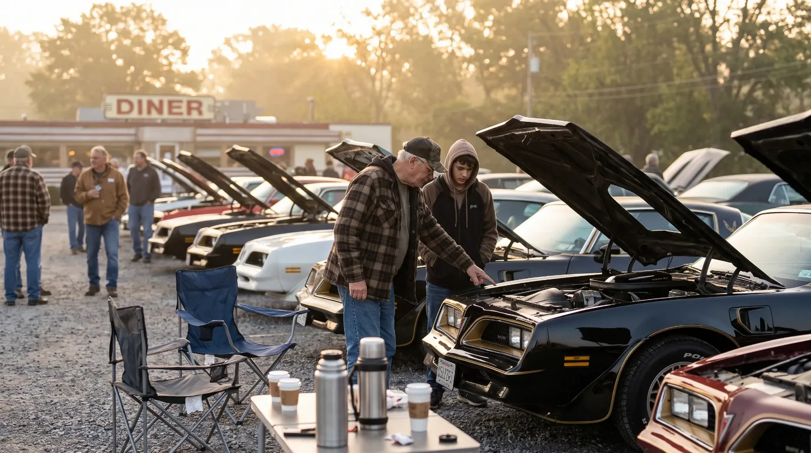 Older enthusiast showing a teenager a build tag at an early morning Firebird club meet