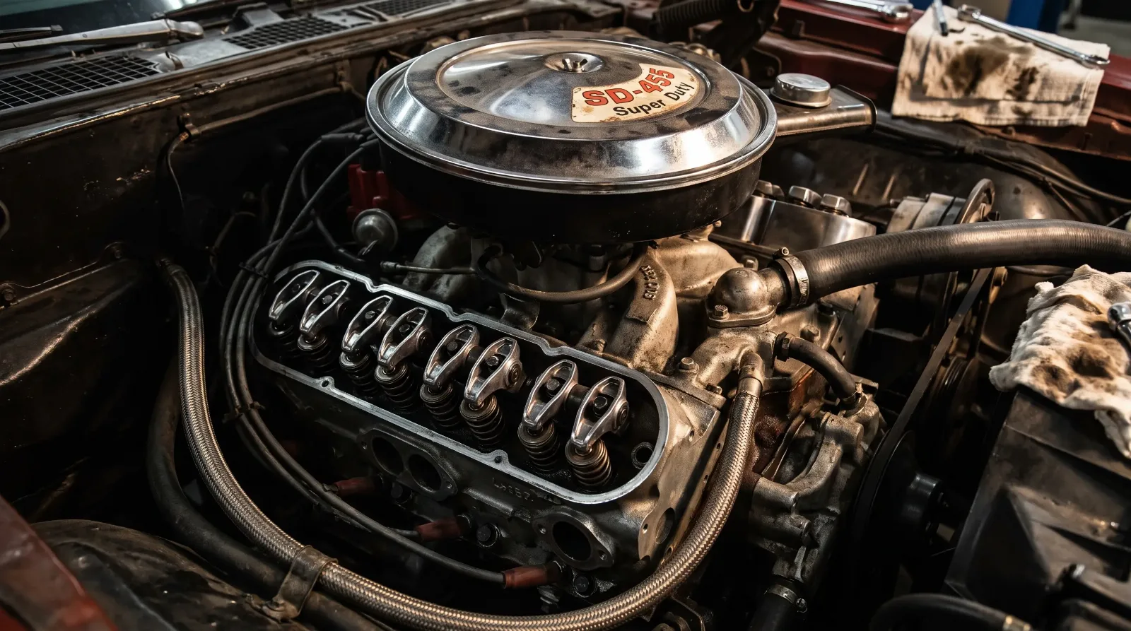 Pontiac Super Duty 455 V8 engine with round-port heads in a Firebird Formula engine bay