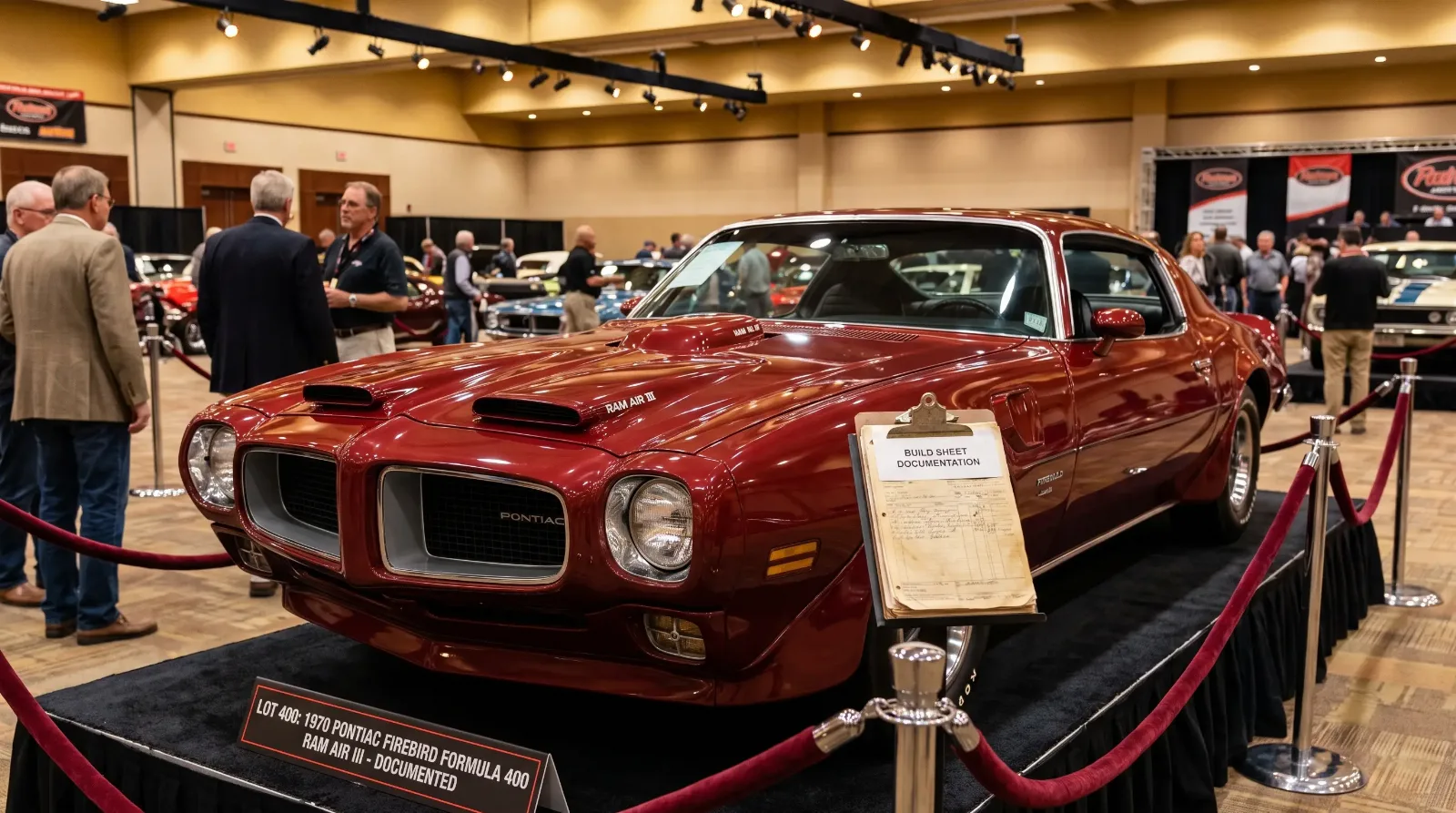 Documented 1970 Pontiac Firebird Formula 400 Ram Air III on display at a collector car auction preview with build sheet paperwork