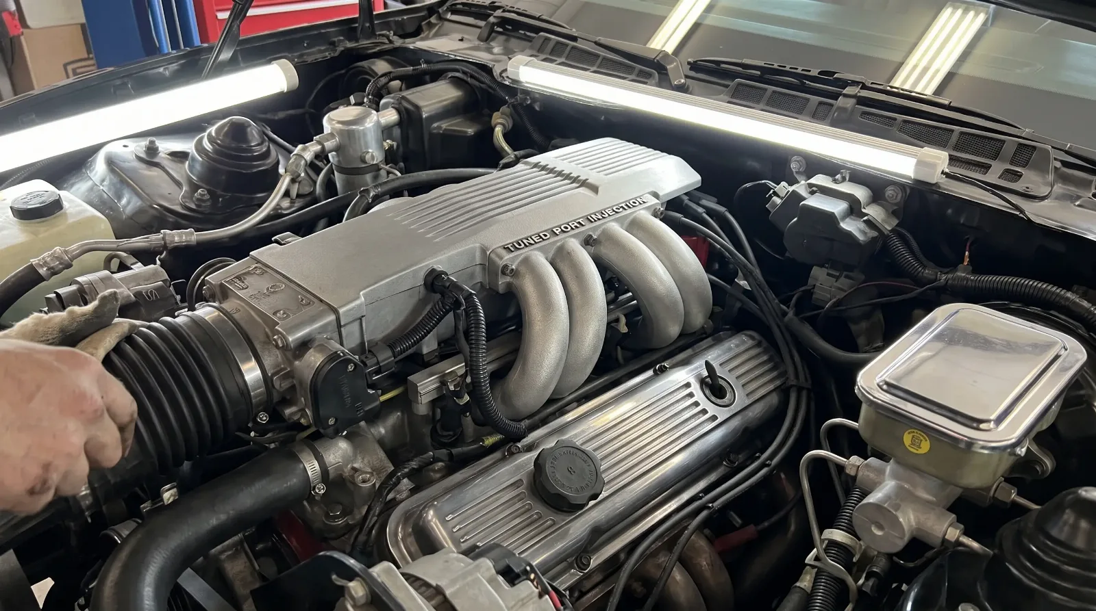Engine bay detail of a 1991 Pontiac Firebird Formula 350 showing the L98 tuned port injection intake runners and plenum