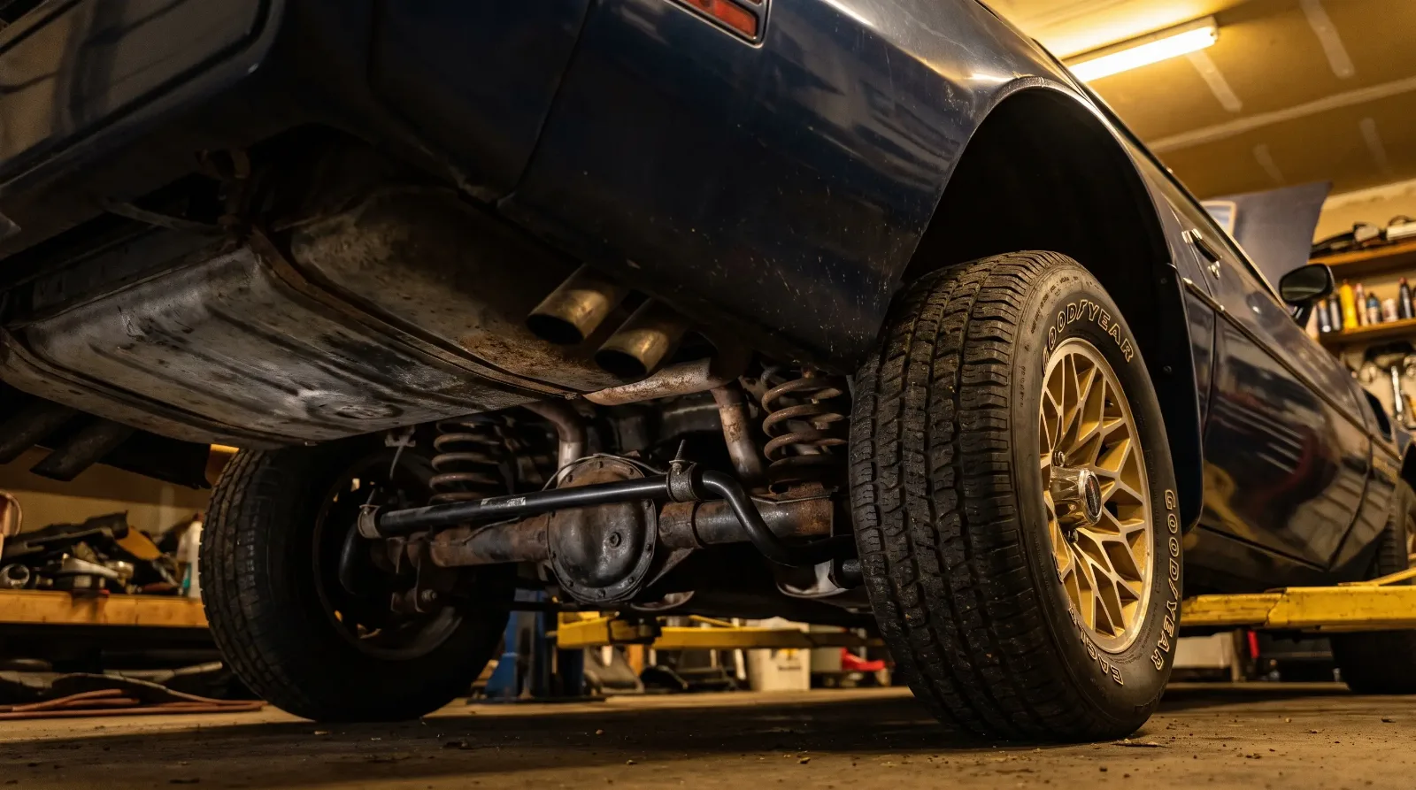 Close-up of a Firebird Formula's WS6 rear suspension showing the sway bar, springs, and a snowflake wheel