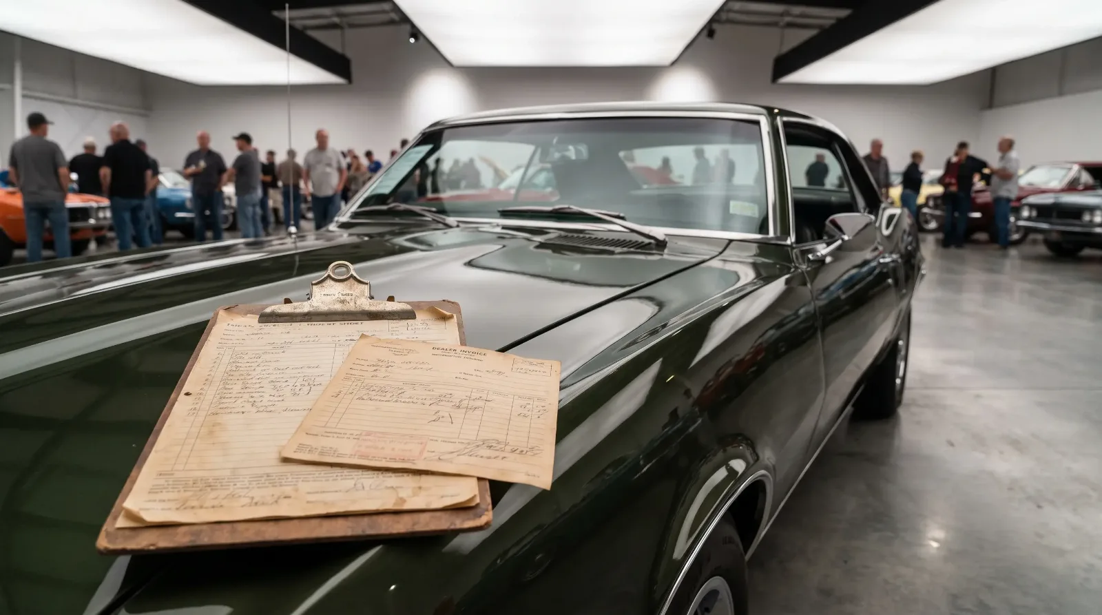 A documented 1968 Pontiac Firebird 400 hardtop in an auction showroom with build-sheet paperwork on the fender