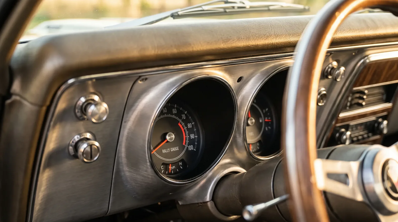 Close-up of a 1967 Pontiac Firebird dashboard with Rally Gauge instrument cluster and wood-rimmed steering wheel