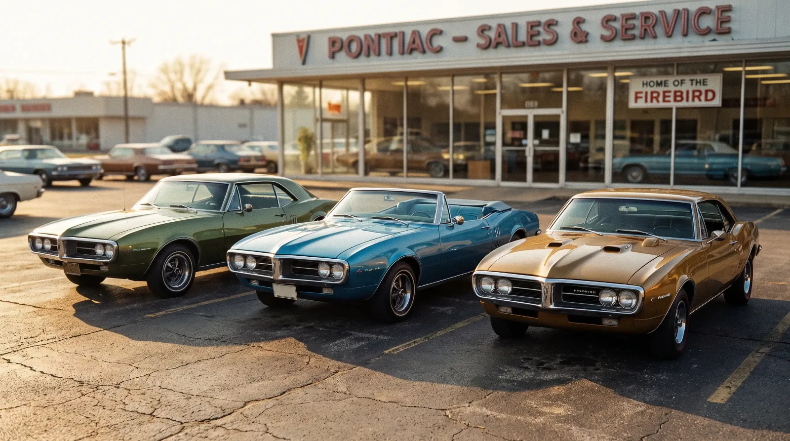 Three 1967 Pontiac Firebirds in period colors lined up at a dealership lot representing the five-series lineup