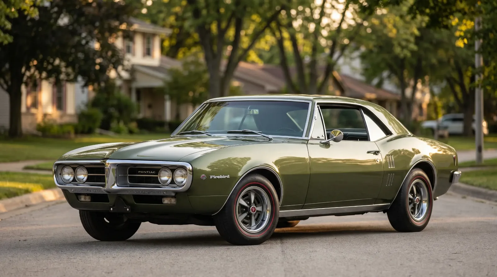 1967 Pontiac Firebird coupe in Verdoro Green on a suburban road at golden hour